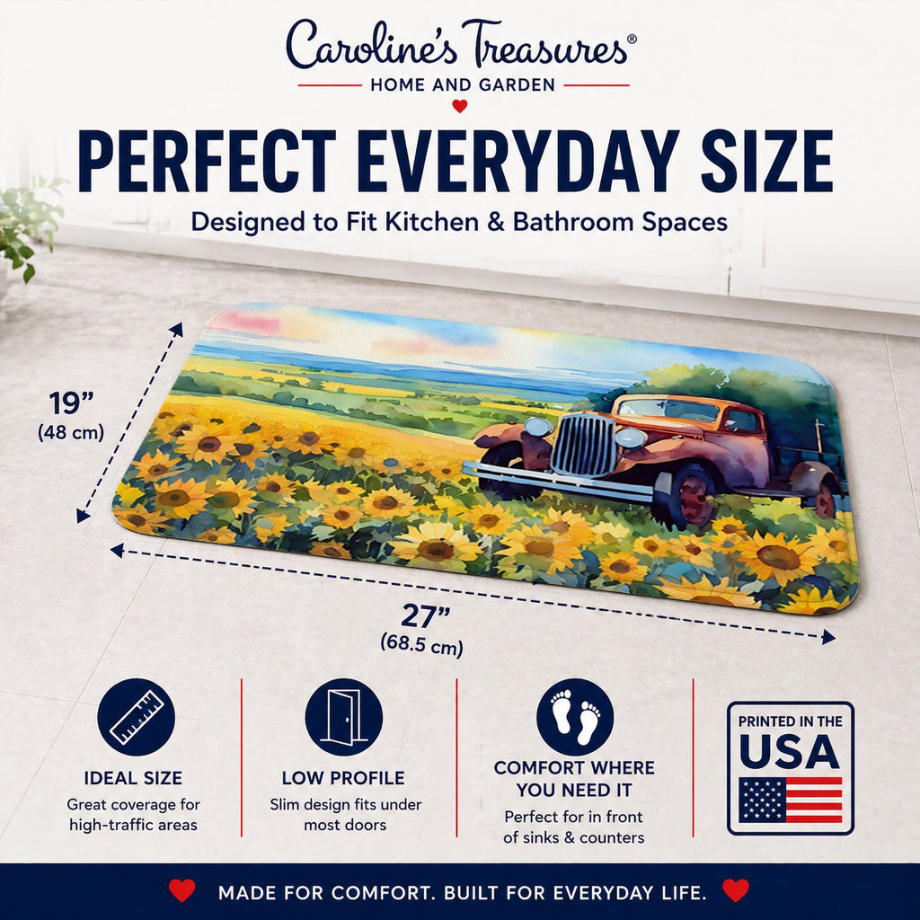 Kansas Sunflowers in Watercolor Memory Foam Kitchen Mat Machine Washable Anti-Fatigue Cushion Comfort Bath or Kitchen Rug
