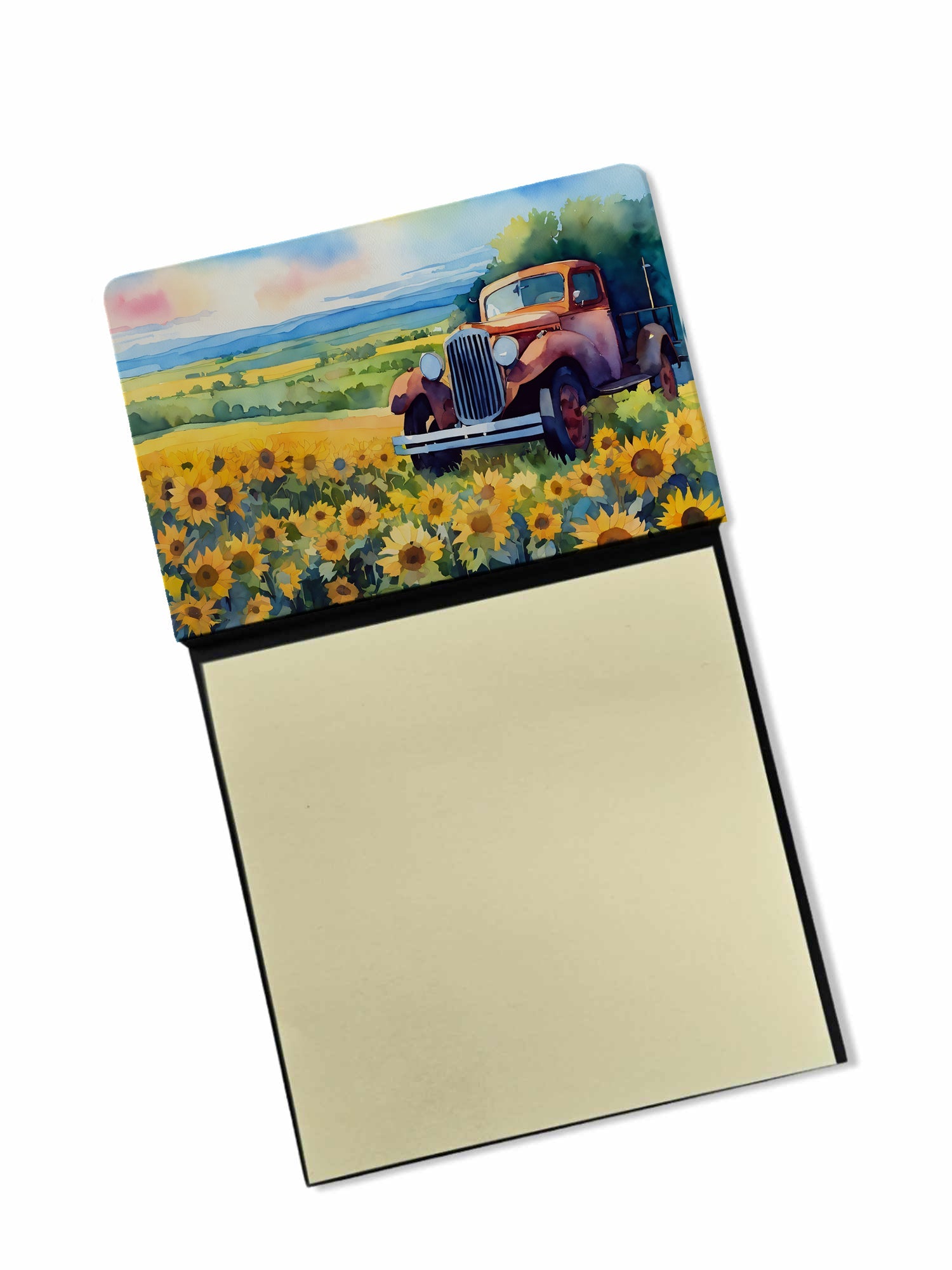 Kansas Sunflowers in Watercolor Watercolor Sticky Note Holder Refillable Dispenser Desk Accessory 3x3 Pad Gift