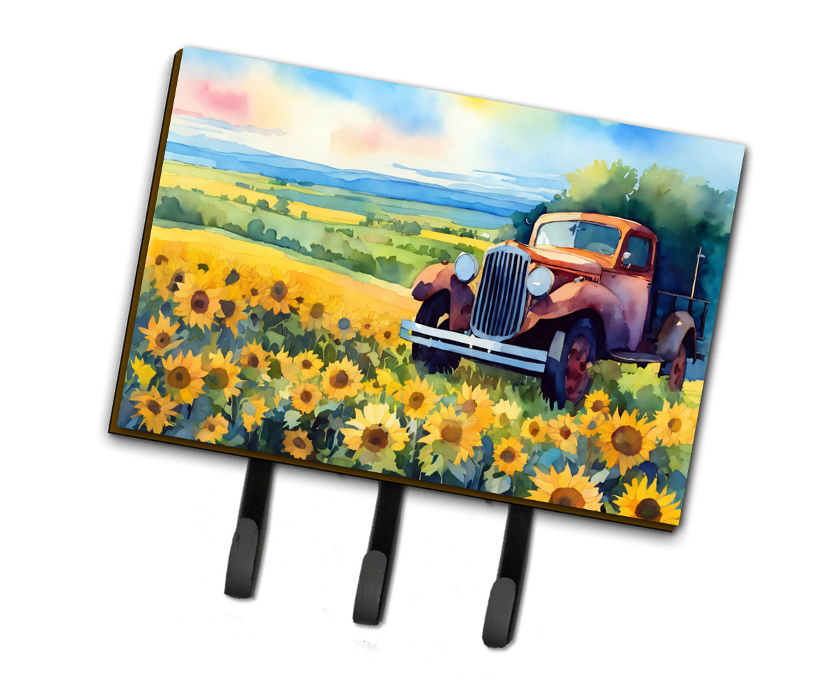 Kansas Sunflowers in Watercolor Leash or Key Holder Wall Hooks, Coat Rack Wall Mount, for Hanging Keys, Towels, Aprons, Leashes
