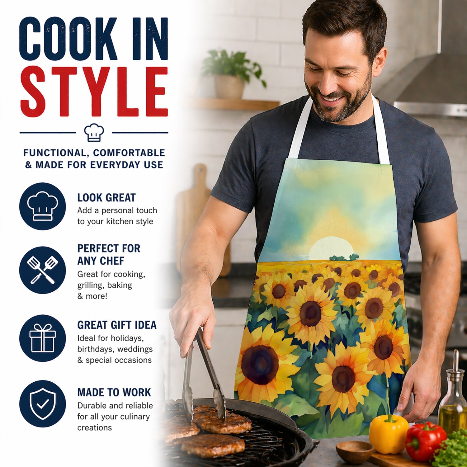 Kansas Sunflowers in Watercolor Apron Cooking Kitchen Server Baking Crafts Gardening for Adult Women Men, Unisex, Large, Multicolor