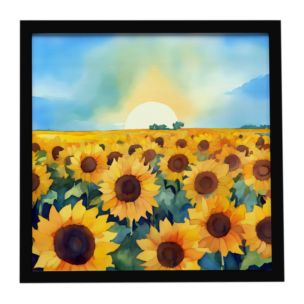 Kansas Sunflowers in Watercolor Framed Metal Print Bathroom, Kitchen, Office, Home Decor Wall Art Ready to Hang, Square, 8X8