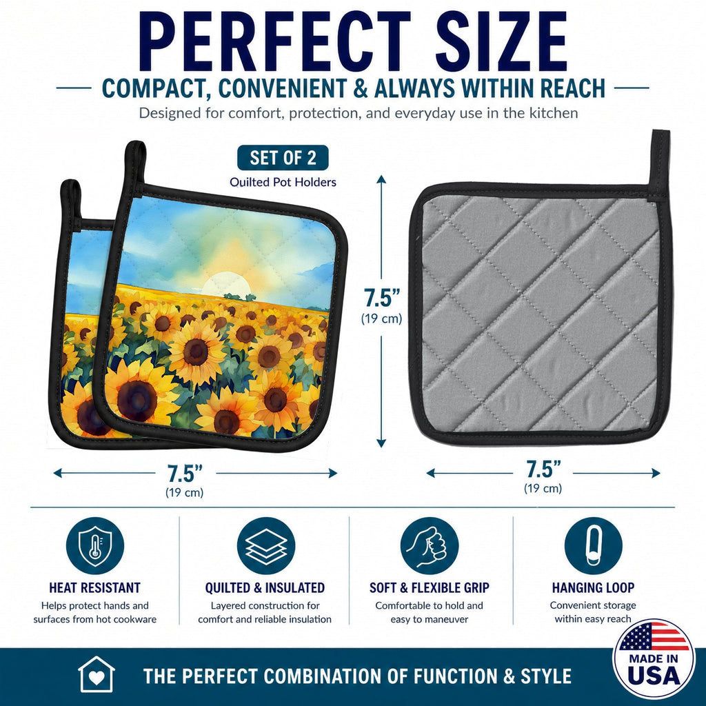 Kansas Sunflowers in Watercolor Pot Holder Set of 2 Heat Resistant Quilted Hot Pads 7.5 x 7.5 Inch, Insulated Kitchen Trivets for Cooking & Baking