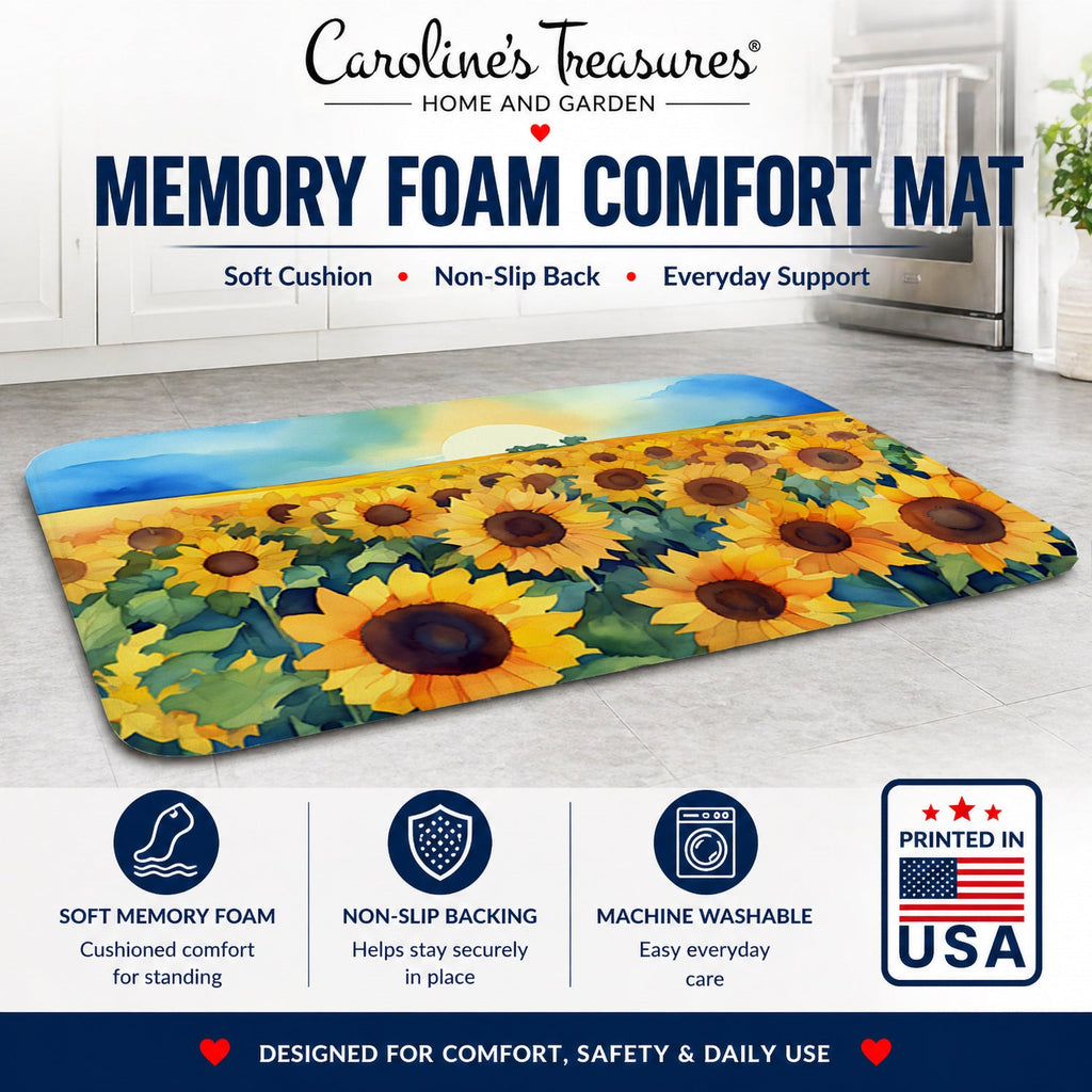Kansas Sunflowers in Watercolor Memory Foam Kitchen Mat Machine Washable Anti-Fatigue Cushion Comfort Bath or Kitchen Rug