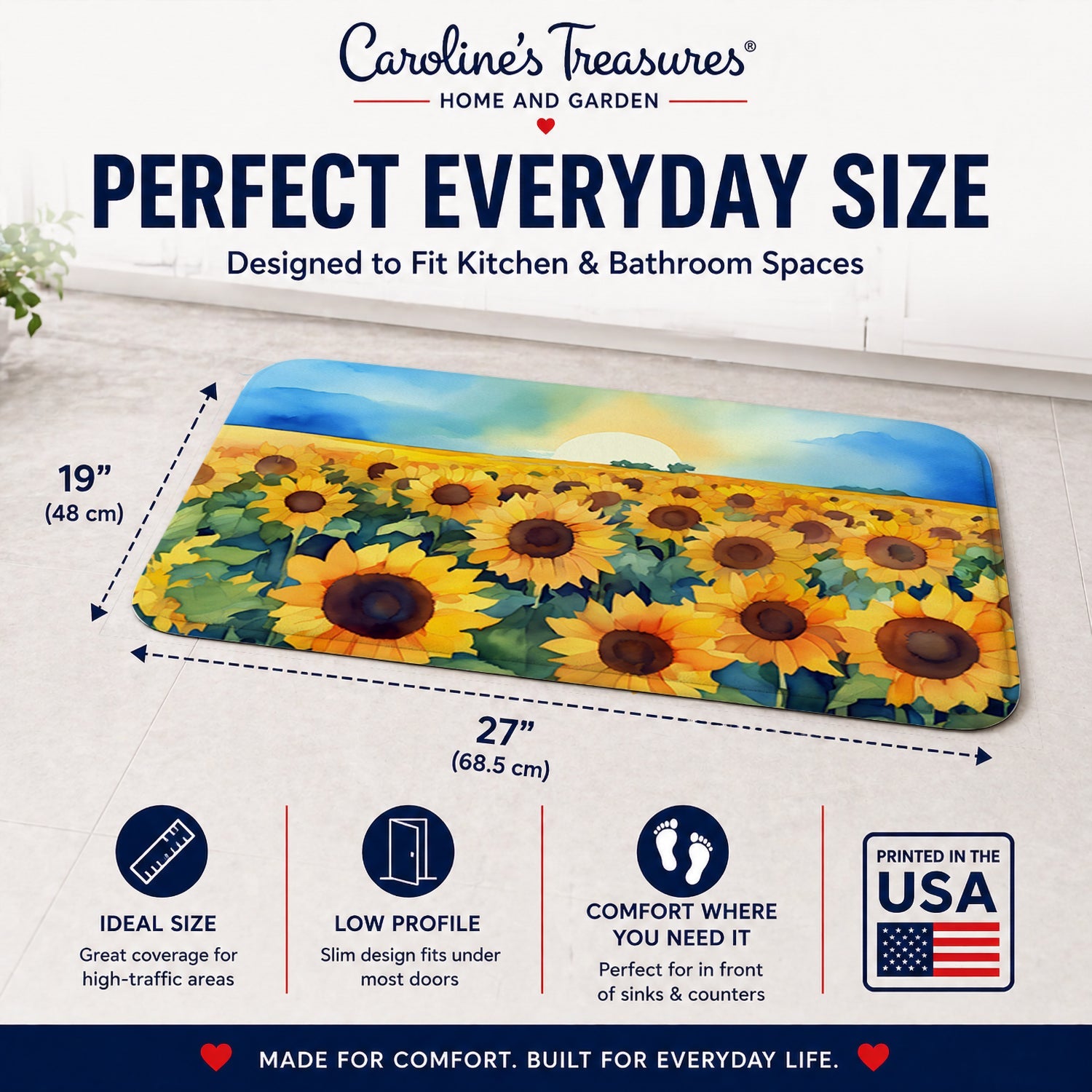 Kansas Sunflowers in Watercolor Memory Foam Kitchen Mat Machine Washable Anti-Fatigue Cushion Comfort Bath or Kitchen Rug