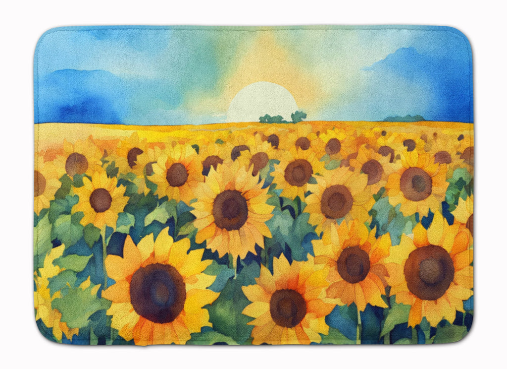Kansas Sunflowers in Watercolor Memory Foam Kitchen Mat Machine Washable Anti-Fatigue Cushion Comfort Bath or Kitchen Rug