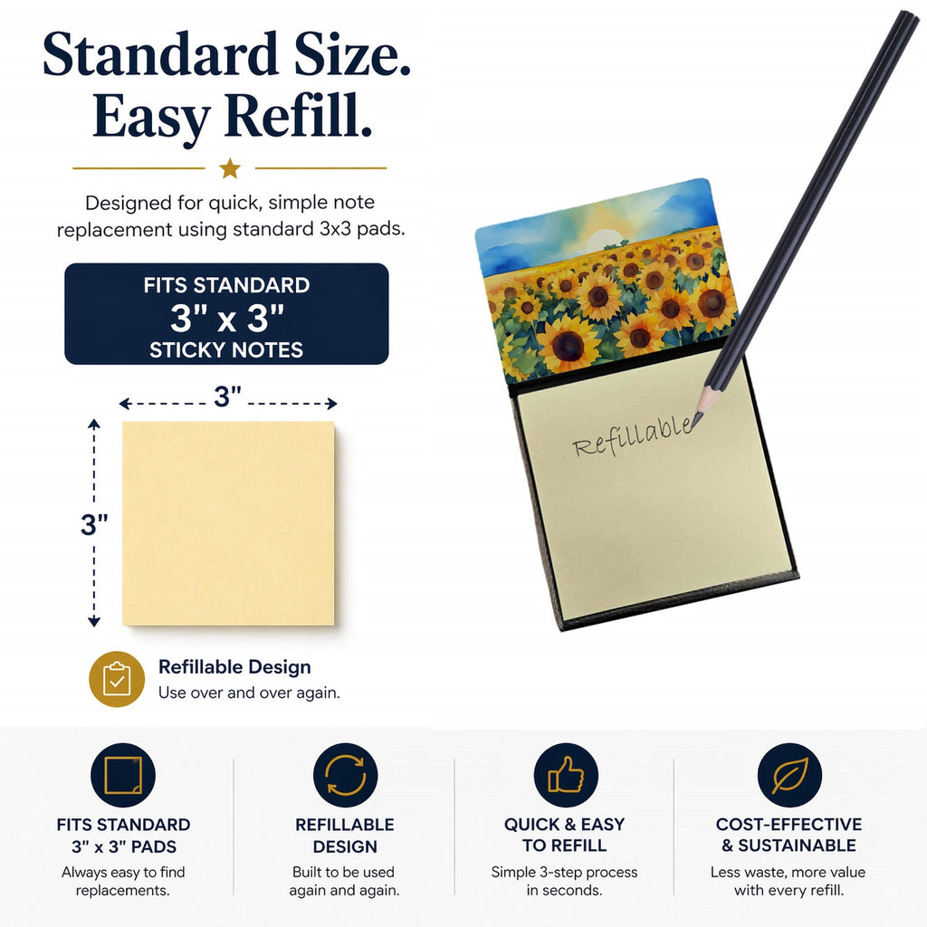 Kansas Sunflowers in Watercolor Watercolor Sticky Note Holder Refillable Dispenser Desk Accessory 3x3 Pad Gift