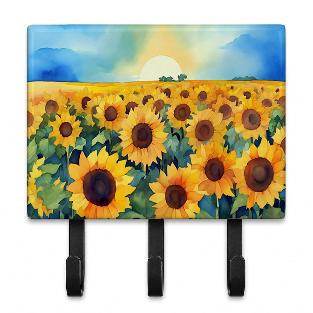 Kansas Sunflowers in Watercolor Leash or Key Holder Wall Hooks, Coat Rack Wall Mount, for Hanging Keys, Towels, Aprons, Leashes