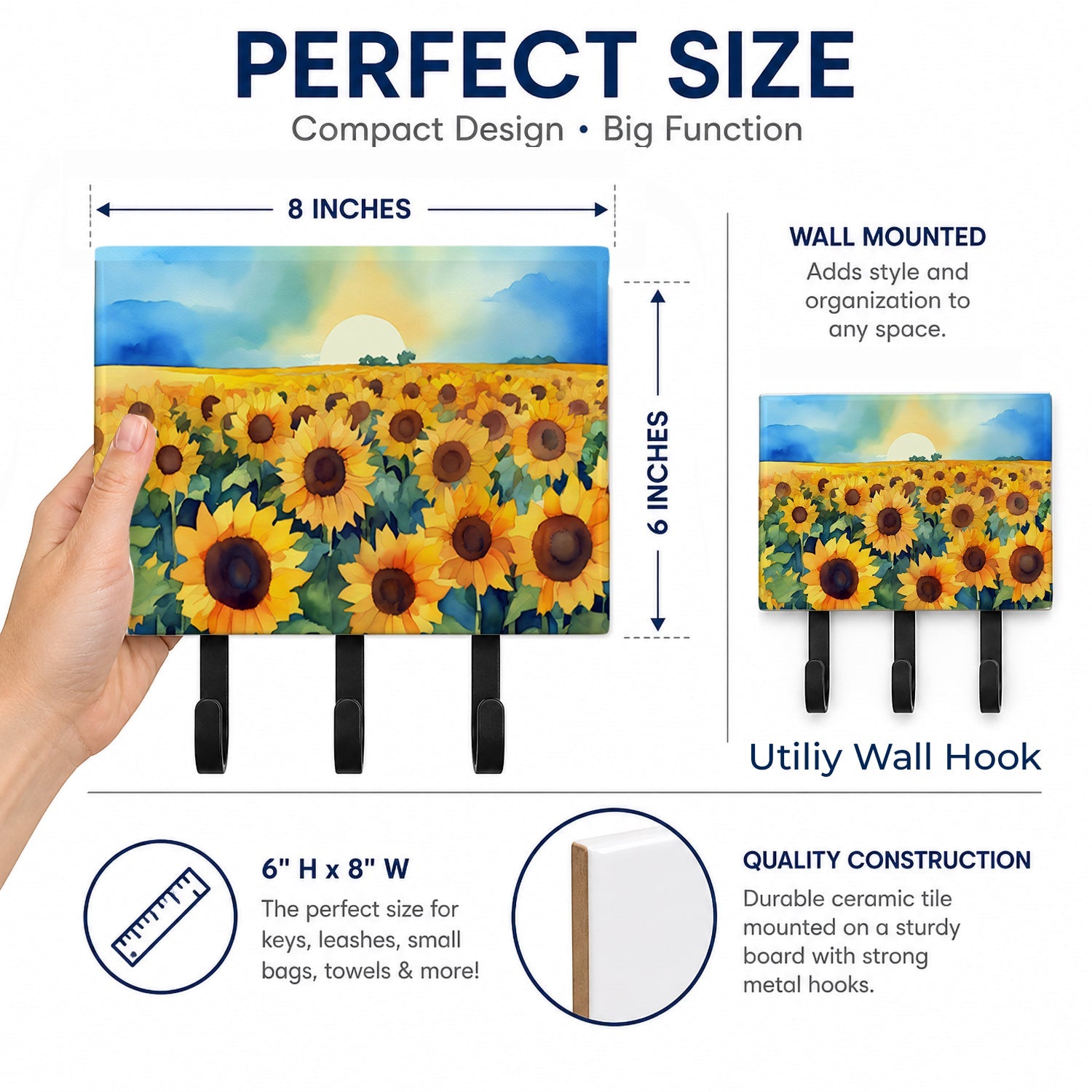 Kansas Sunflowers in Watercolor Leash or Key Holder Wall Hooks, Coat Rack Wall Mount, for Hanging Keys, Towels, Aprons, Leashes
