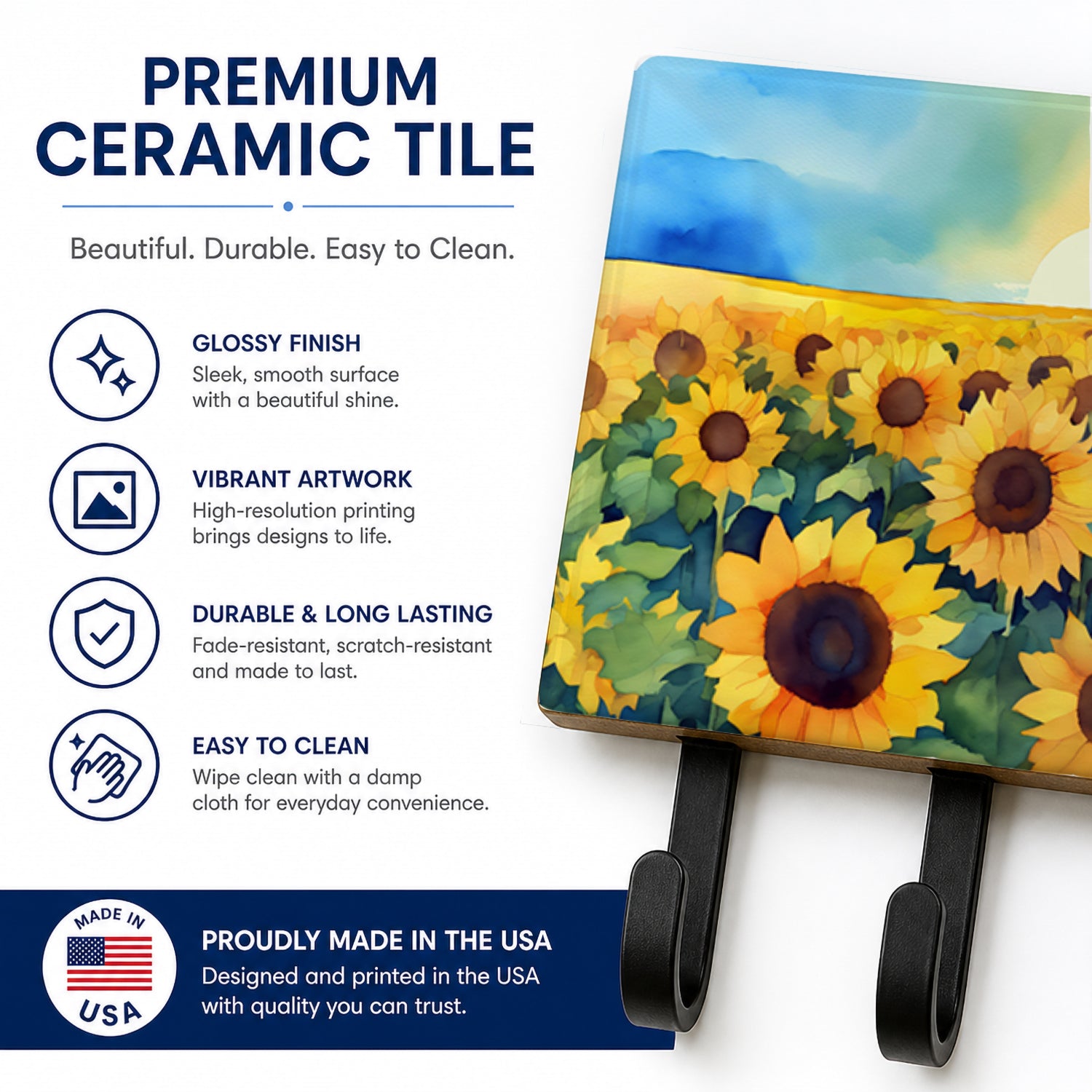 Kansas Sunflowers in Watercolor Leash or Key Holder Wall Hooks, Coat Rack Wall Mount, for Hanging Keys, Towels, Aprons, Leashes