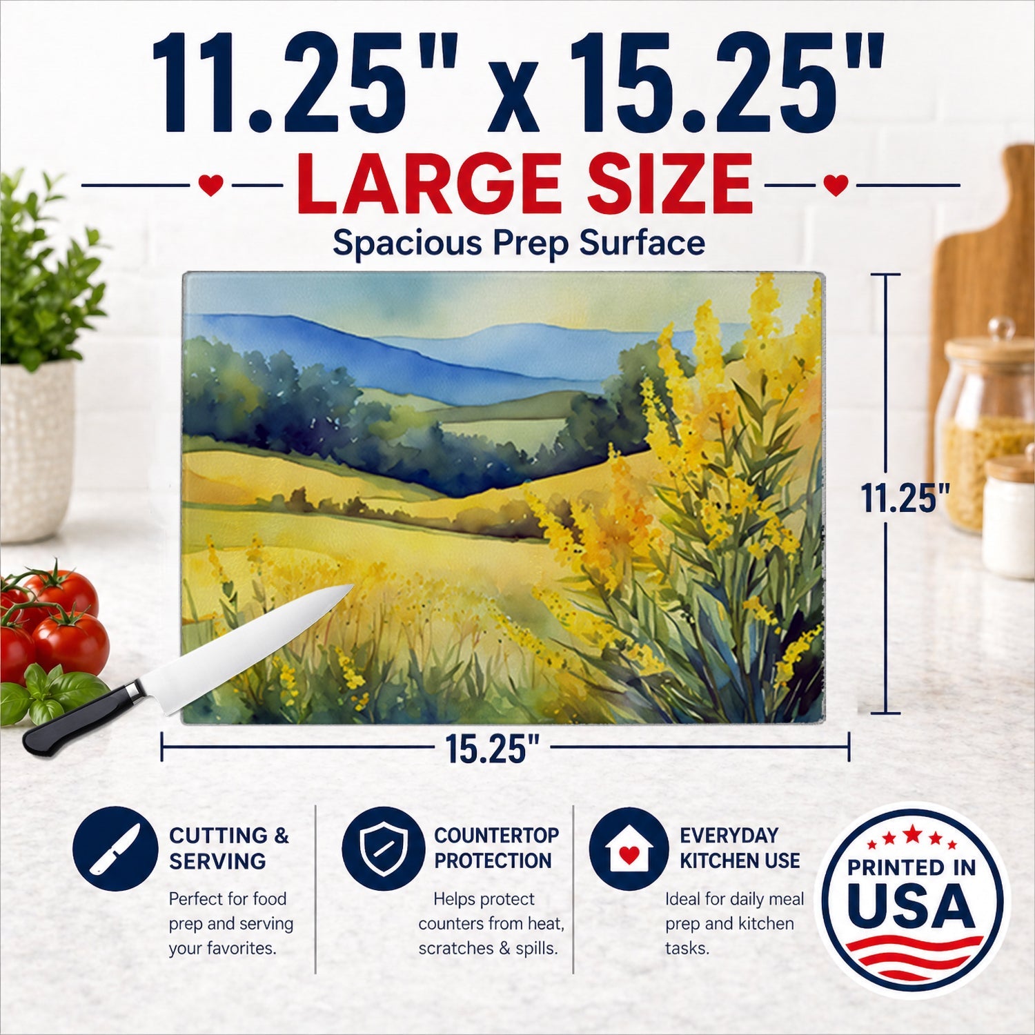 Kentucky Goldenrod in Watercolor Cutting Board Tempered Glass Kitchen Cutting Surface, Heat Resistant Chopping, Non-Slip Feet, Food Prep & Serving