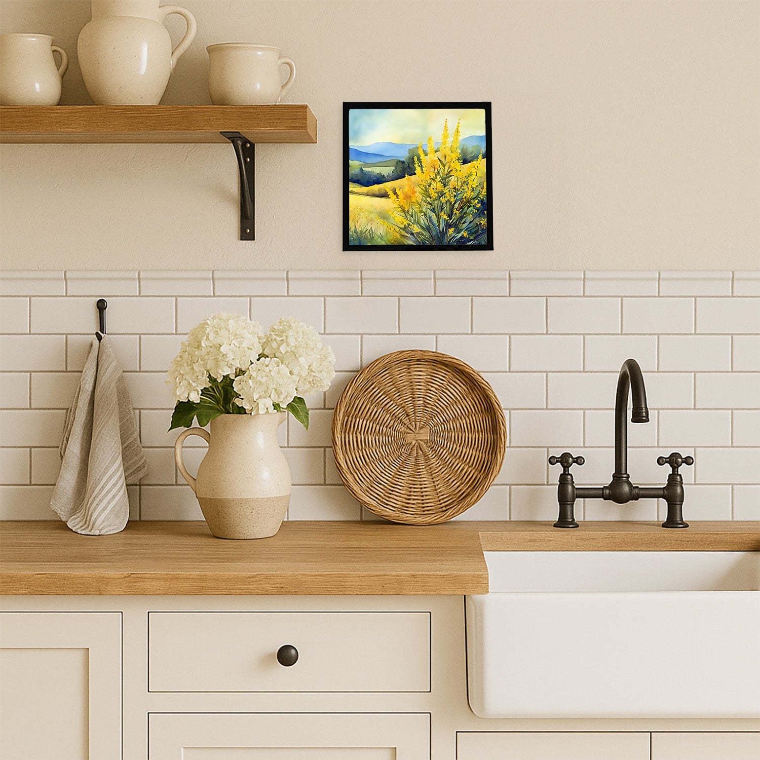 Kentucky Goldenrod in Watercolor Framed Metal Print Bathroom, Kitchen, Office, Home Decor Wall Art Ready to Hang, Square, 8X8