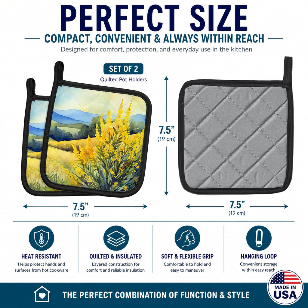 Kentucky Goldenrod in Watercolor Pot Holder Set of 2 Heat Resistant Quilted Hot Pads 7.5 x 7.5 Inch, Insulated Kitchen Trivets for Cooking & Baking