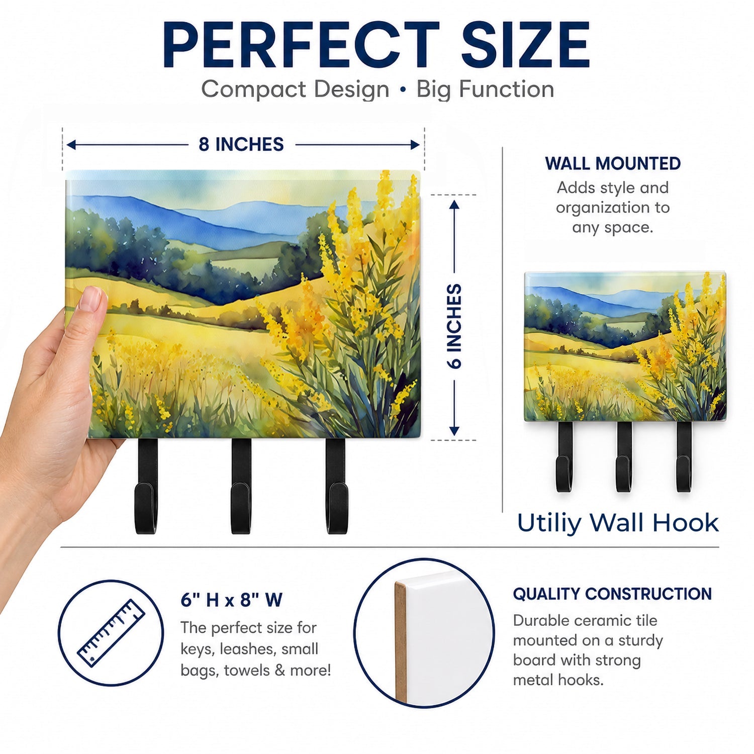 Kentucky Goldenrod in Watercolor Leash or Key Holder Wall Hooks, Coat Rack Wall Mount, for Hanging Keys, Towels, Aprons, Leashes