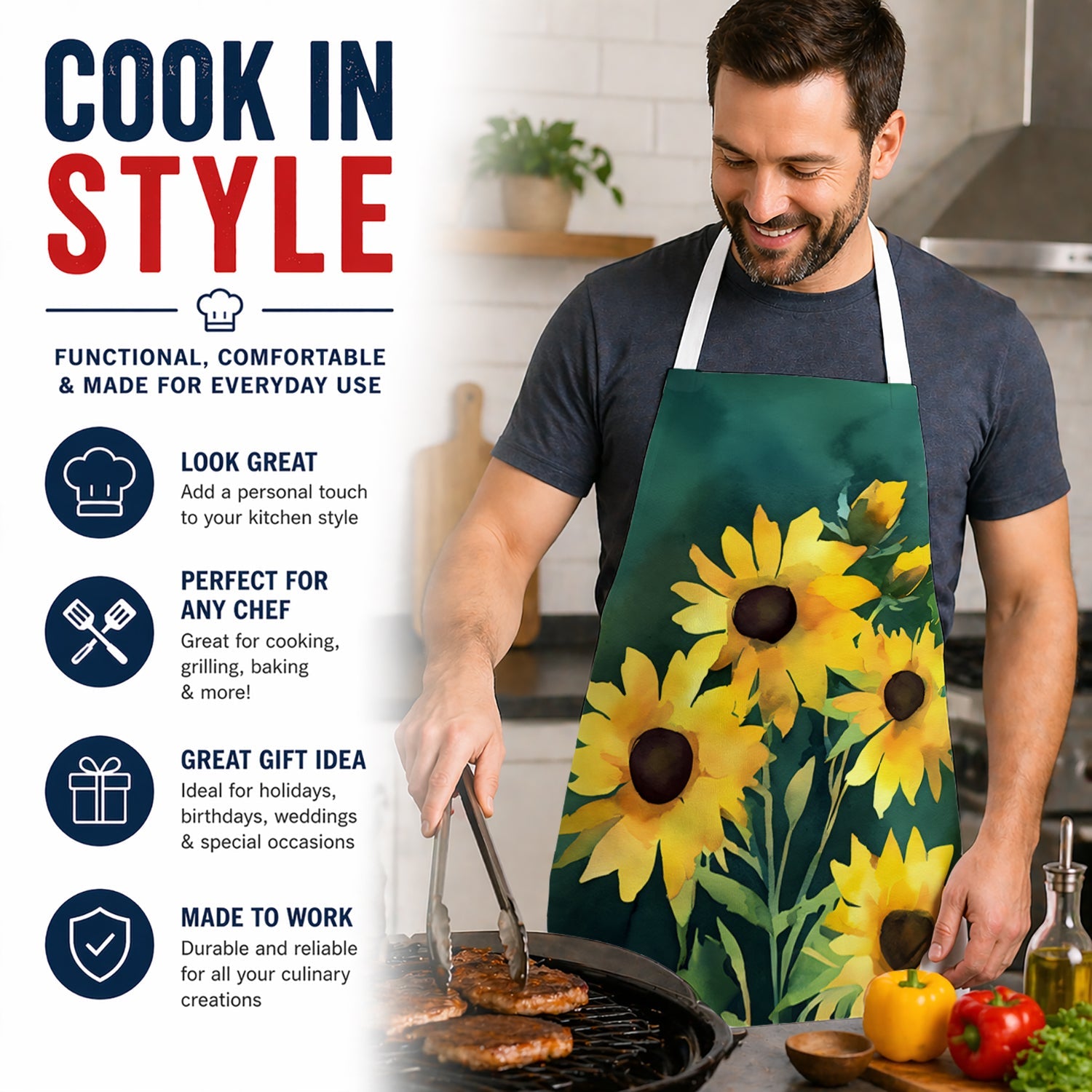 Kentucky Goldenrod in Watercolor Apron Cooking Kitchen Server Baking Crafts Gardening for Adult Women Men, Unisex, Large, Multicolor