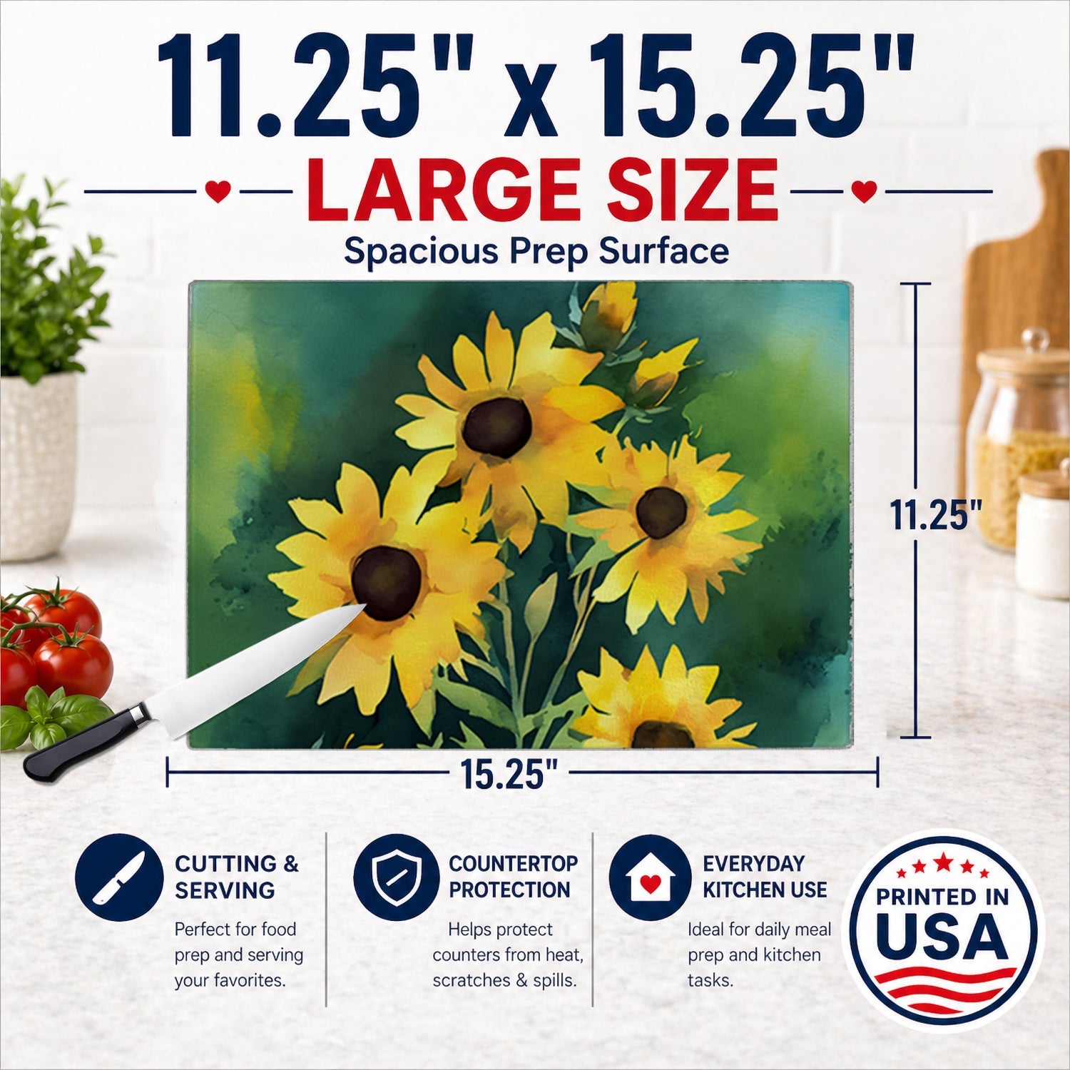 Kentucky Goldenrod in Watercolor Cutting Board Tempered Glass Kitchen Cutting Surface, Heat Resistant Chopping, Non-Slip Feet, Food Prep & Serving
