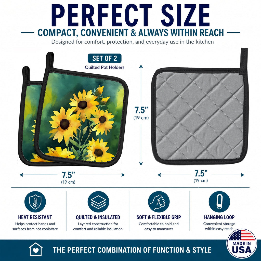 Kentucky Goldenrod in Watercolor Pot Holder Set of 2 Heat Resistant Quilted Hot Pads 7.5 x 7.5 Inch, Insulated Kitchen Trivets for Cooking & Baking