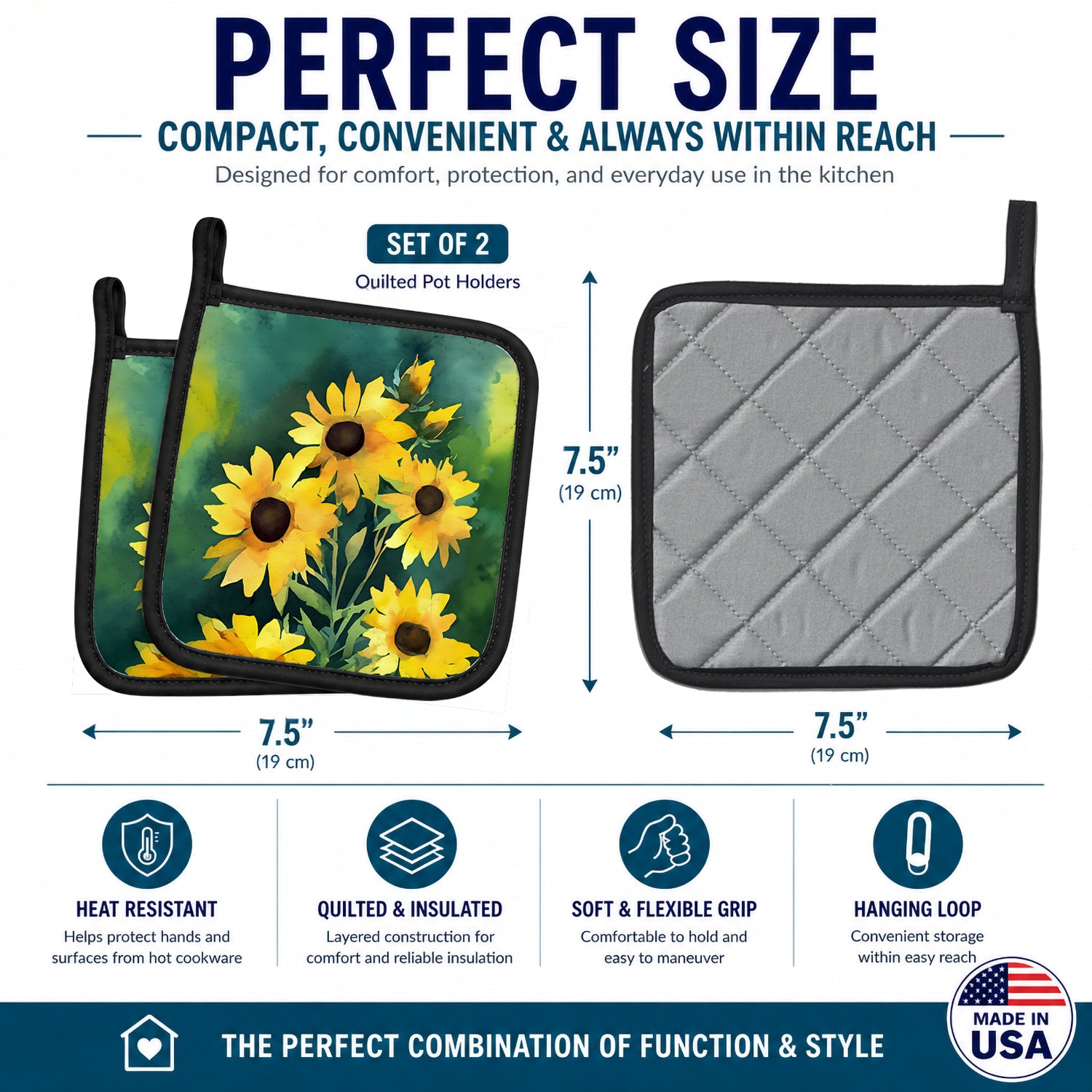 Kentucky Goldenrod in Watercolor Pot Holder Set of 2 Heat Resistant Quilted Hot Pads 7.5 x 7.5 Inch, Insulated Kitchen Trivets for Cooking & Baking