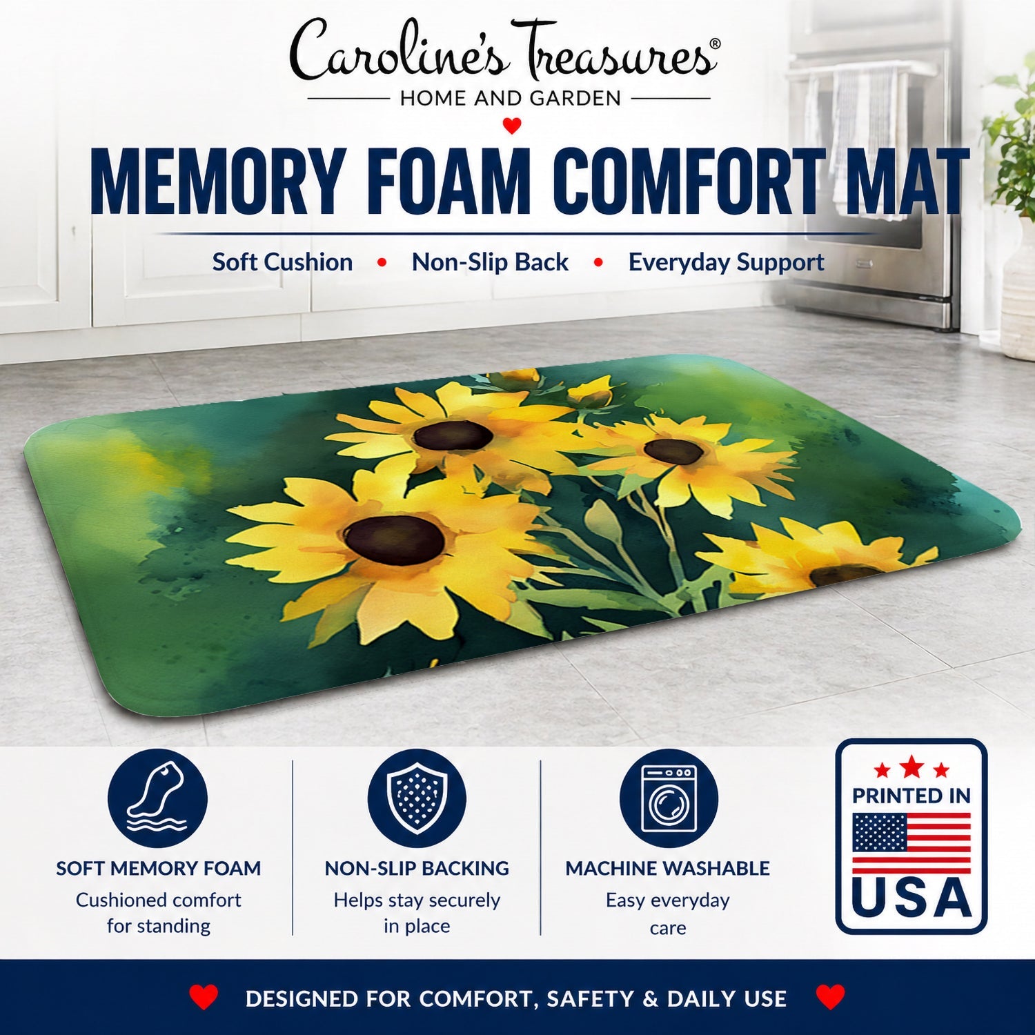 Kentucky Goldenrod in Watercolor Memory Foam Kitchen Mat Machine Washable Anti-Fatigue Cushion Comfort Bath or Kitchen Rug