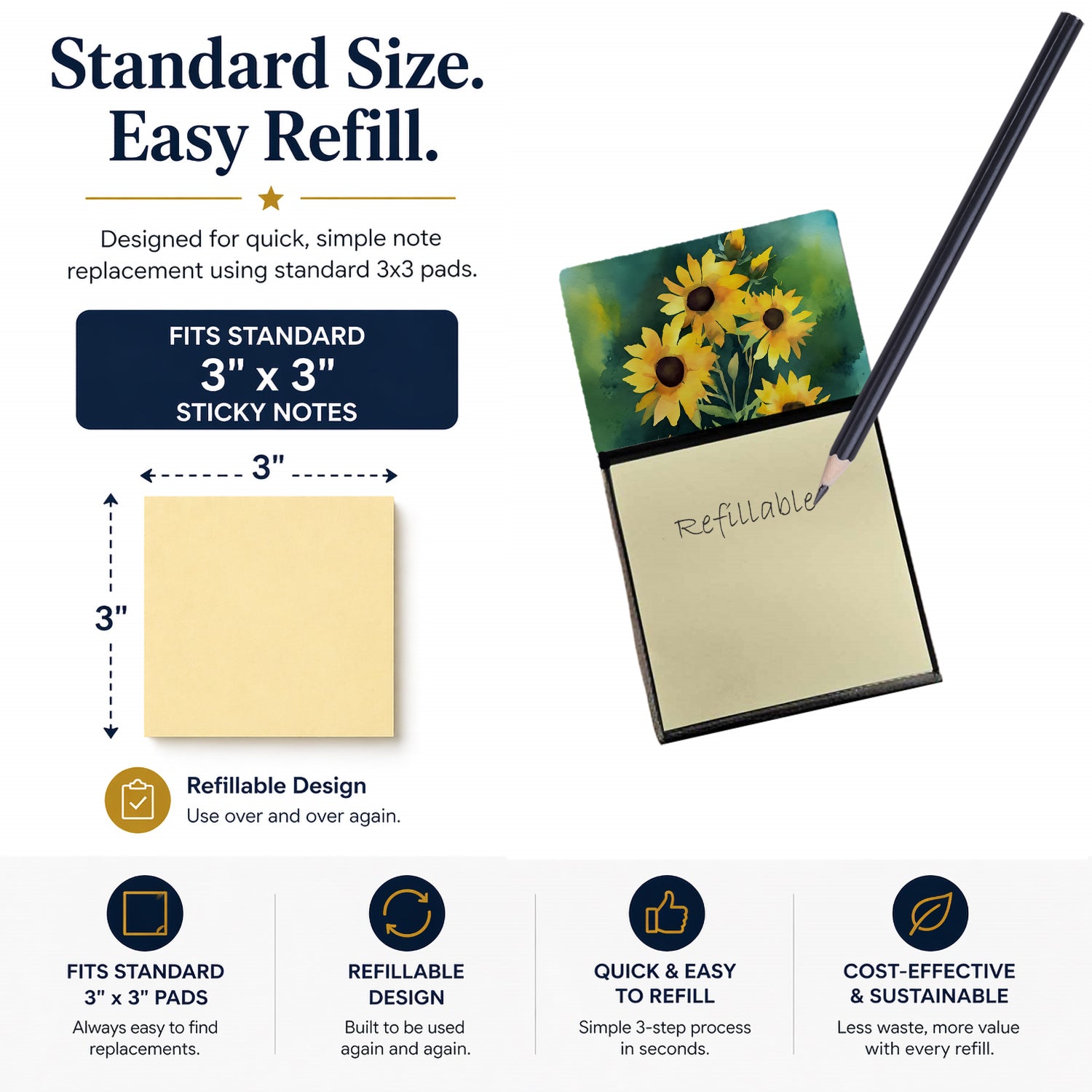 Kentucky Goldenrod in Watercolor Watercolor Sticky Note Holder Refillable Dispenser Desk Accessory 3x3 Pad Gift