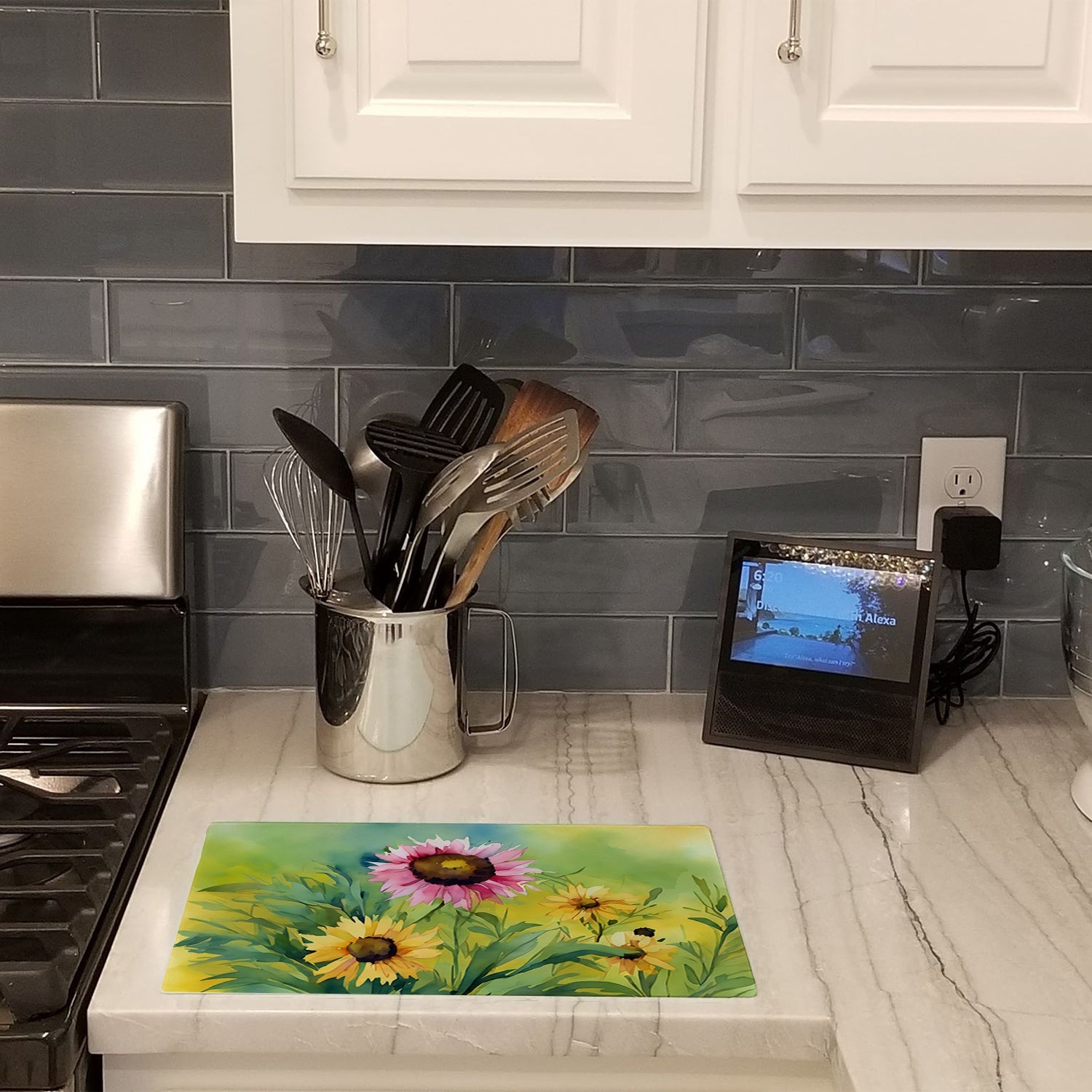Kentucky Goldenrod in Watercolor Cutting Board Tempered Glass Kitchen Cutting Surface, Heat Resistant Chopping, Non-Slip Feet, Food Prep & Serving