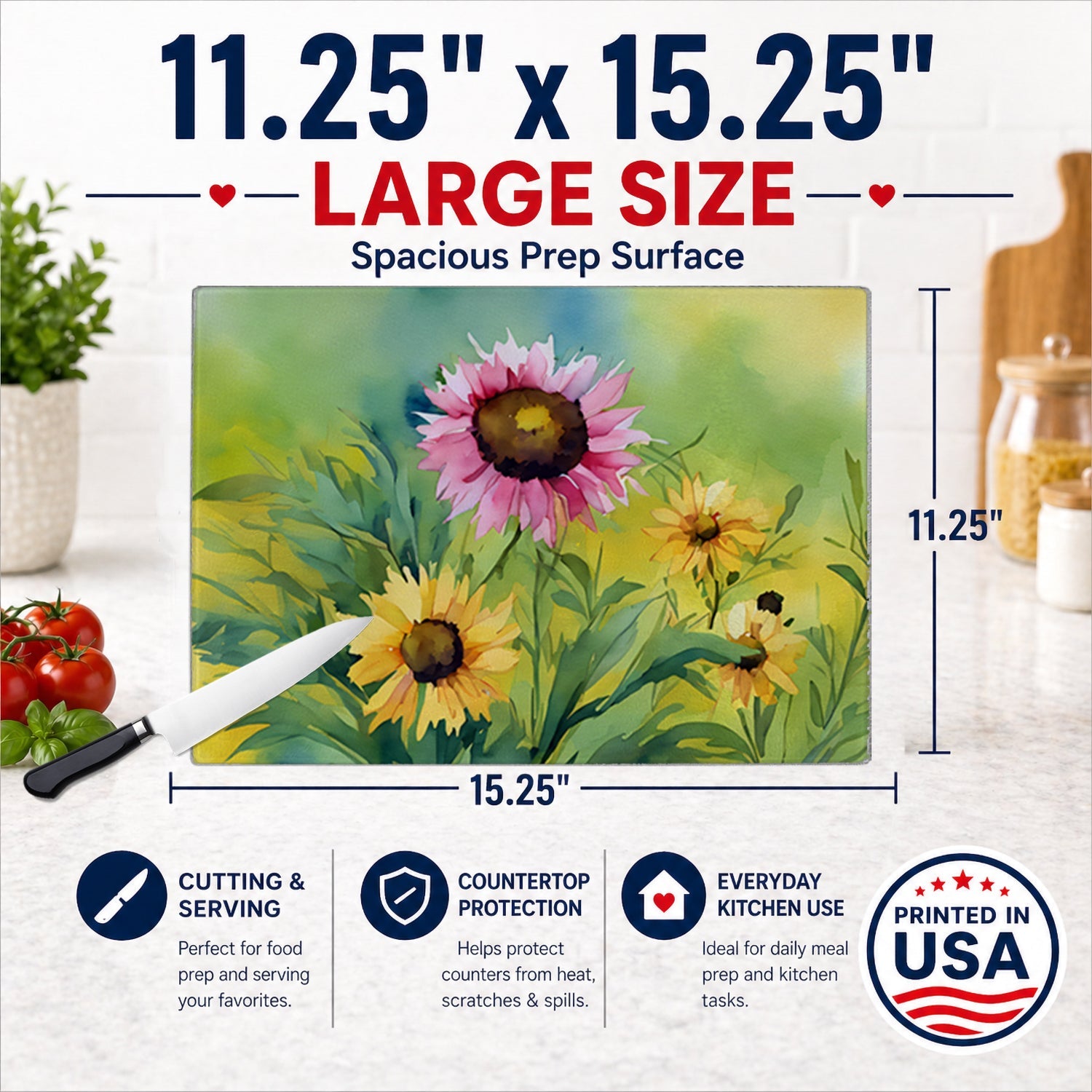 Kentucky Goldenrod in Watercolor Cutting Board Tempered Glass Kitchen Cutting Surface, Heat Resistant Chopping, Non-Slip Feet, Food Prep & Serving