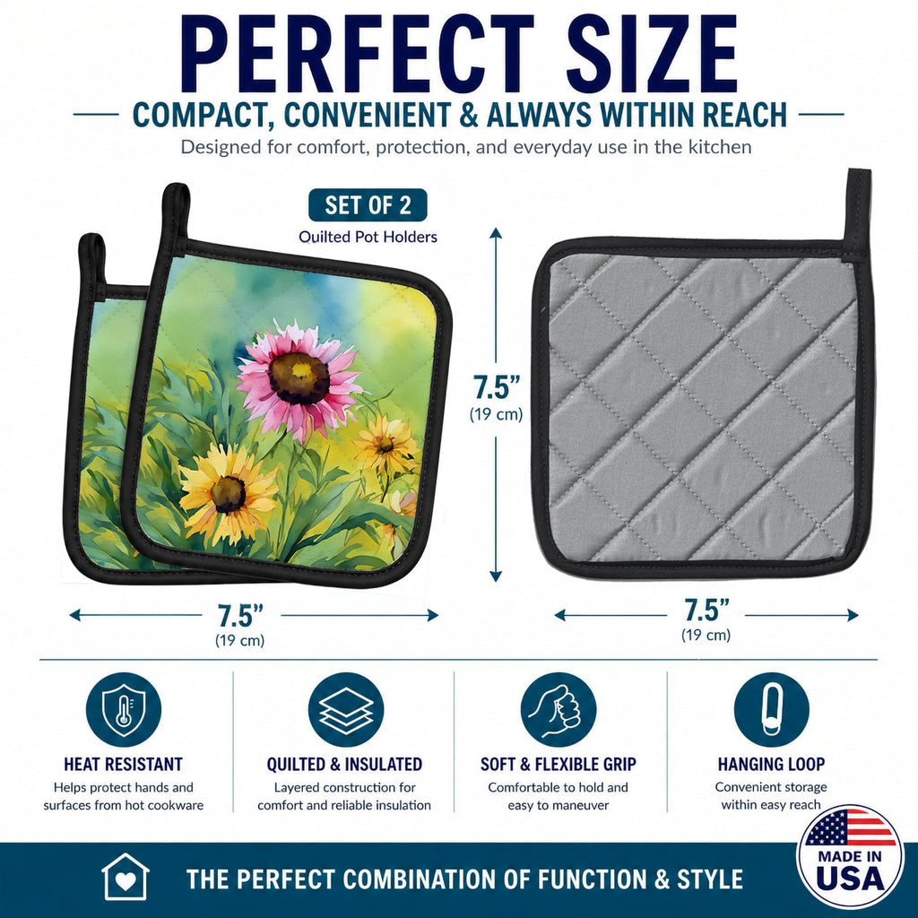 Kentucky Goldenrod in Watercolor Pot Holder Set of 2 Heat Resistant Quilted Hot Pads 7.5 x 7.5 Inch, Insulated Kitchen Trivets for Cooking & Baking