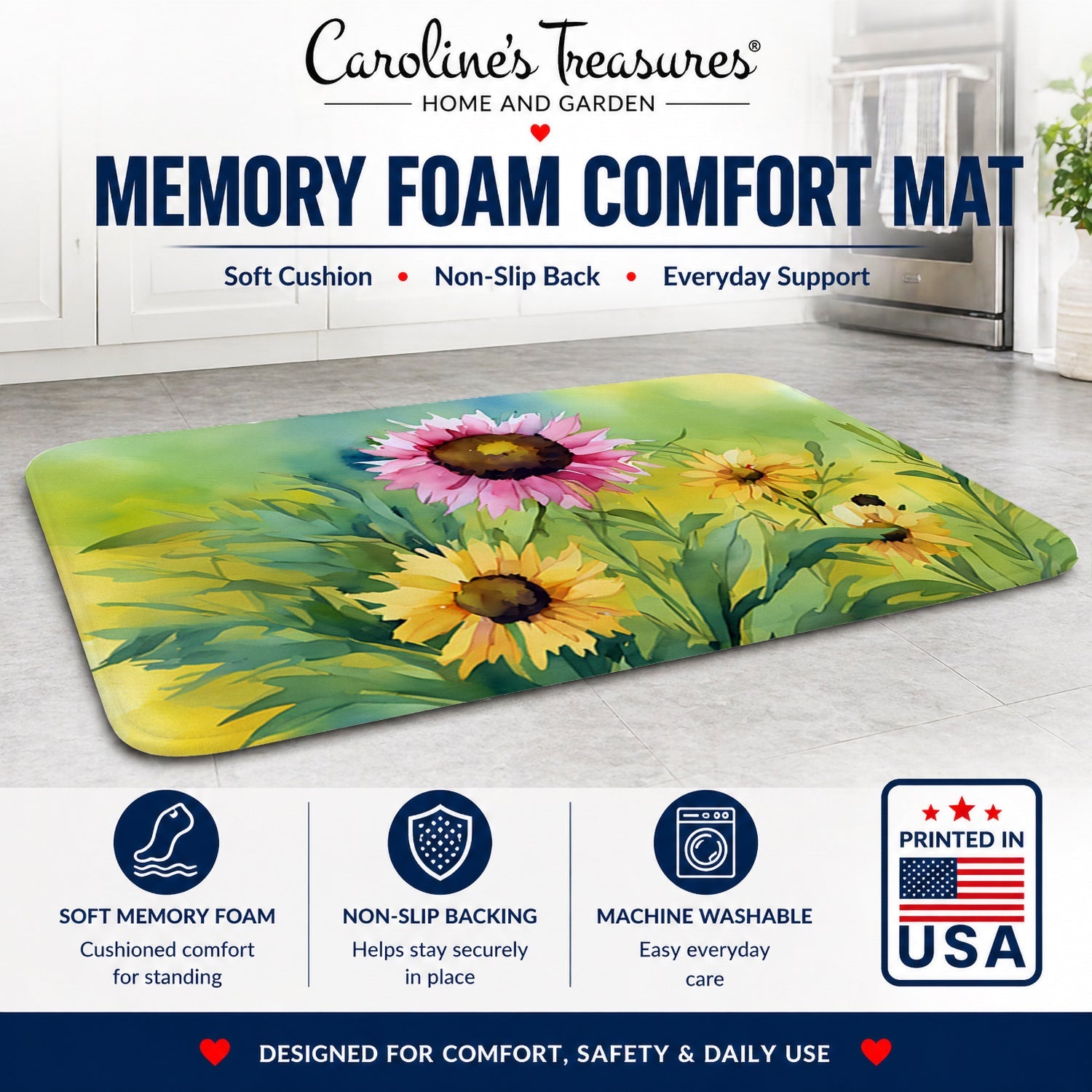 Kentucky Goldenrod in Watercolor Memory Foam Kitchen Mat Machine Washable Anti-Fatigue Cushion Comfort Bath or Kitchen Rug