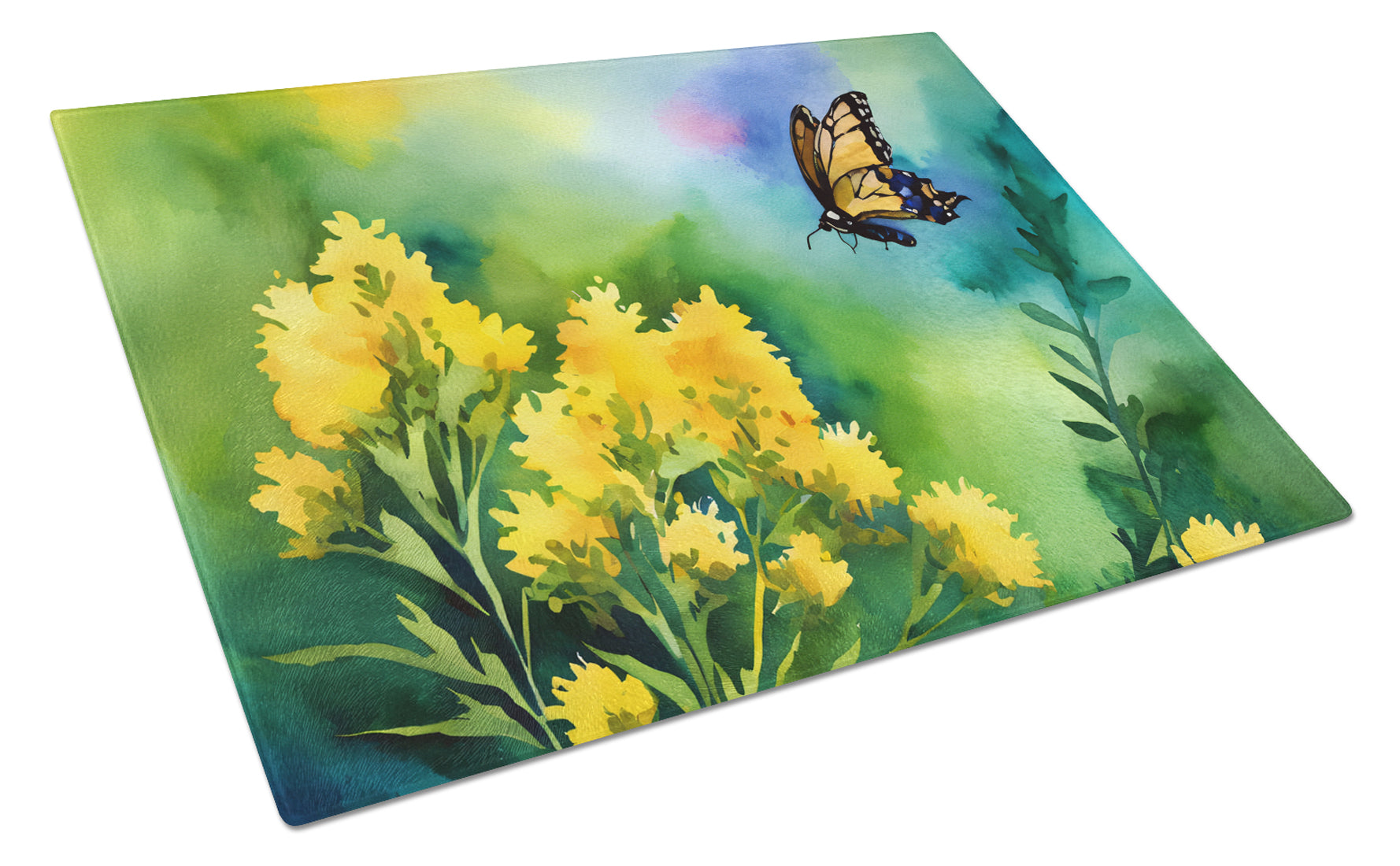 Kentucky Goldenrod in Watercolor Cutting Board Tempered Glass Kitchen Cutting Surface, Heat Resistant Chopping, Non-Slip Feet, Food Prep & Serving
