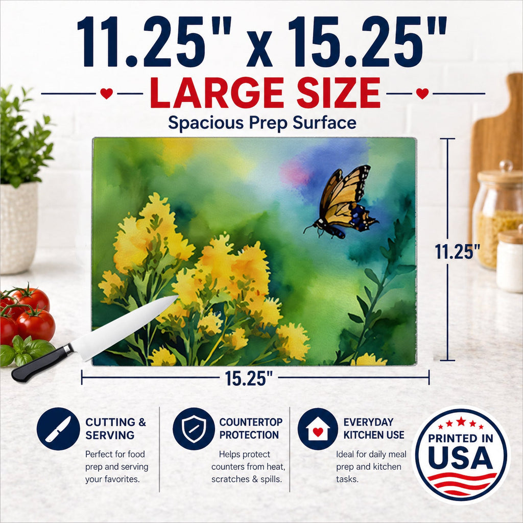 Kentucky Goldenrod in Watercolor Cutting Board Tempered Glass Kitchen Cutting Surface, Heat Resistant Chopping, Non-Slip Feet, Food Prep & Serving