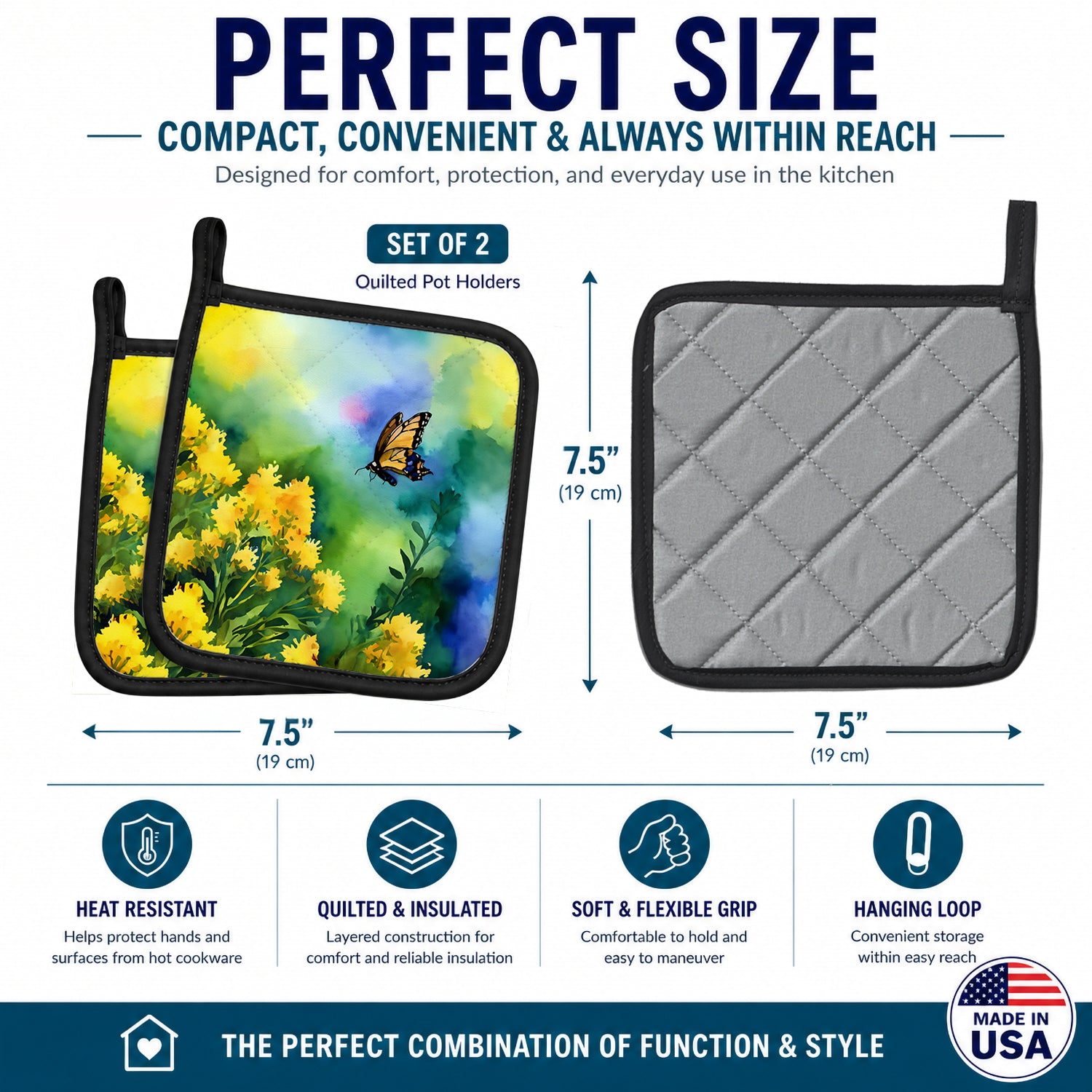 Kentucky Goldenrod in Watercolor Pot Holder Set of 2 Heat Resistant Quilted Hot Pads 7.5 x 7.5 Inch, Insulated Kitchen Trivets for Cooking & Baking