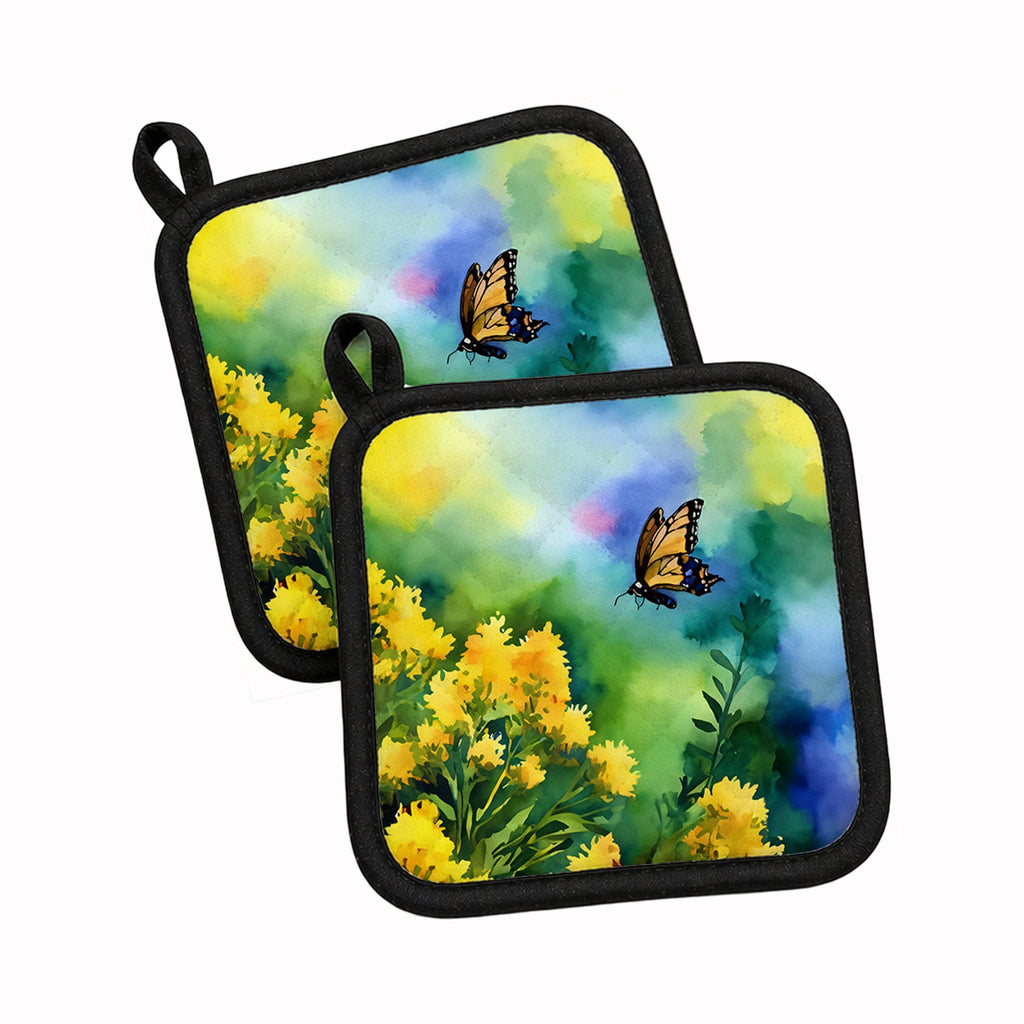 Kentucky Goldenrod in Watercolor Pot Holder Set of 2 Heat Resistant Quilted Hot Pads 7.5 x 7.5 Inch, Insulated Kitchen Trivets for Cooking & Baking