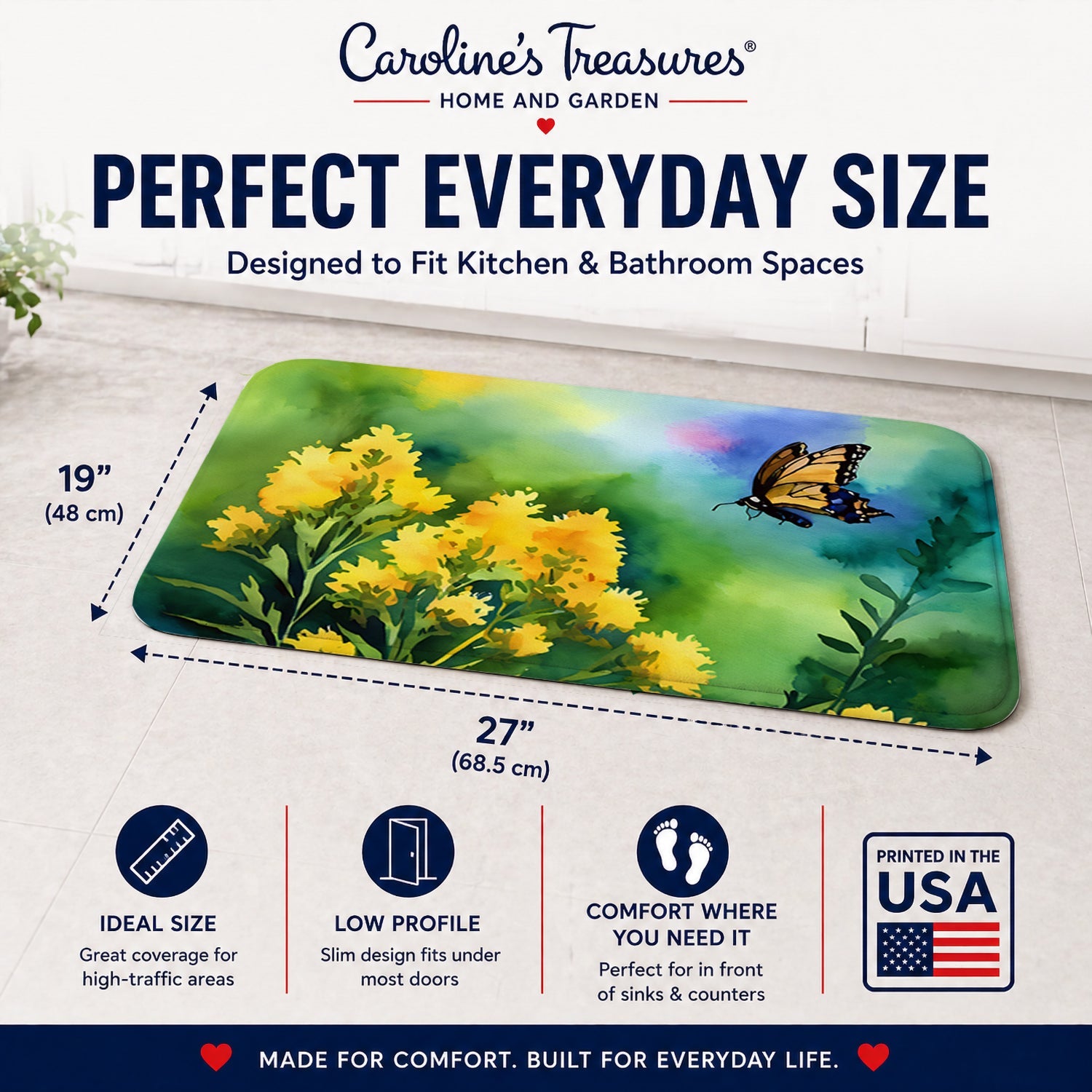 Kentucky Goldenrod in Watercolor Memory Foam Kitchen Mat Machine Washable Anti-Fatigue Cushion Comfort Bath or Kitchen Rug