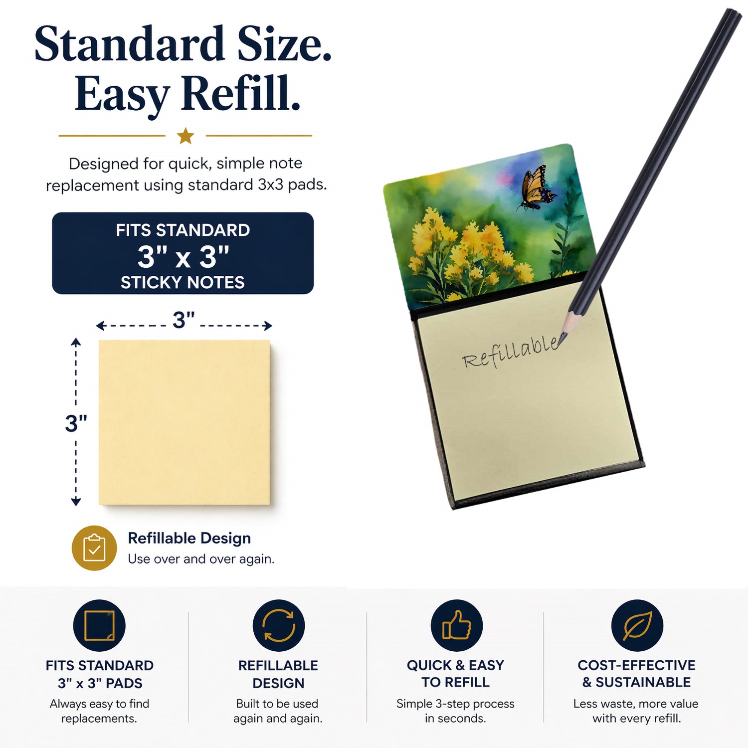 Kentucky Goldenrod in Watercolor Watercolor Sticky Note Holder Refillable Dispenser Desk Accessory 3x3 Pad Gift