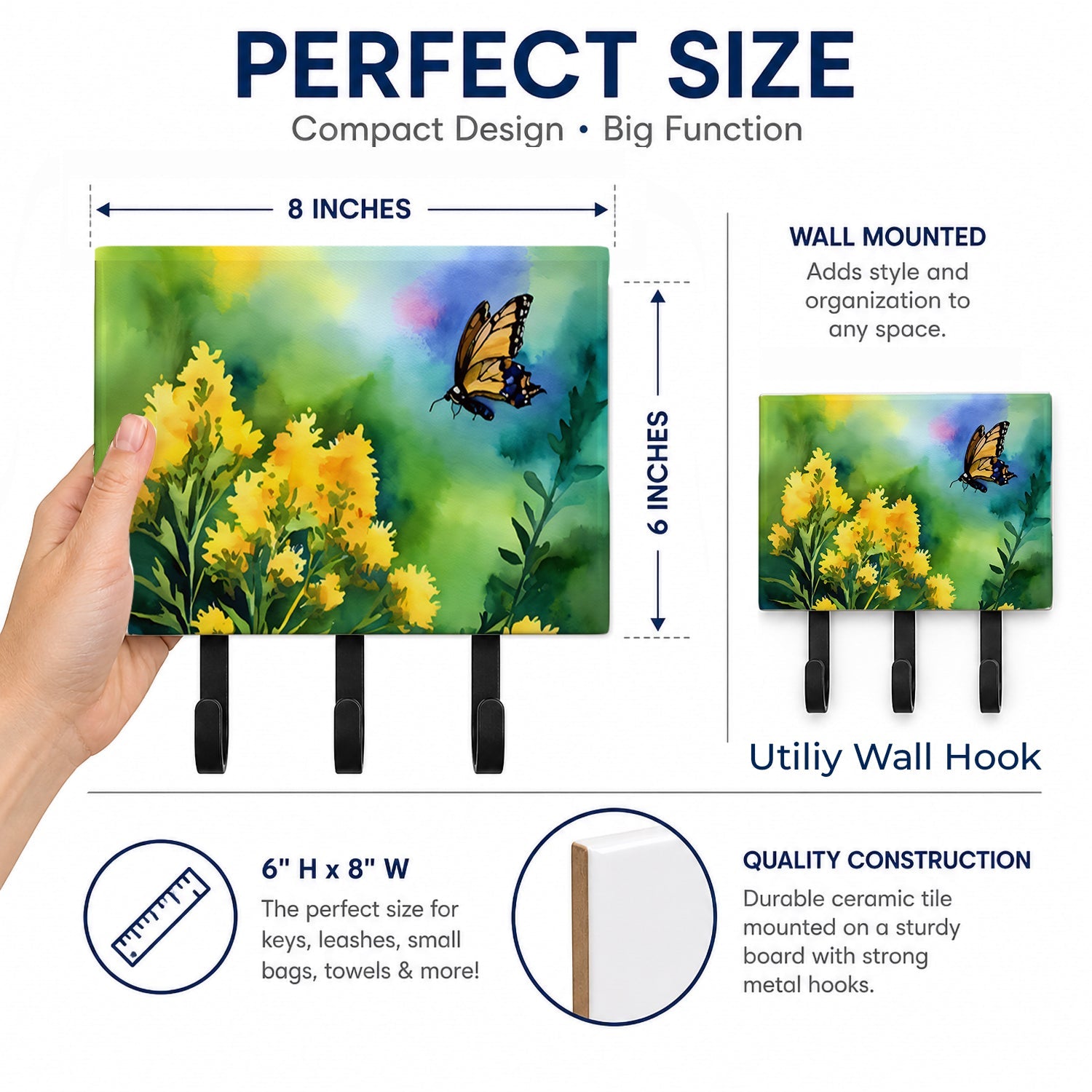 Kentucky Goldenrod in Watercolor Leash or Key Holder Wall Hooks, Coat Rack Wall Mount, for Hanging Keys, Towels, Aprons, Leashes