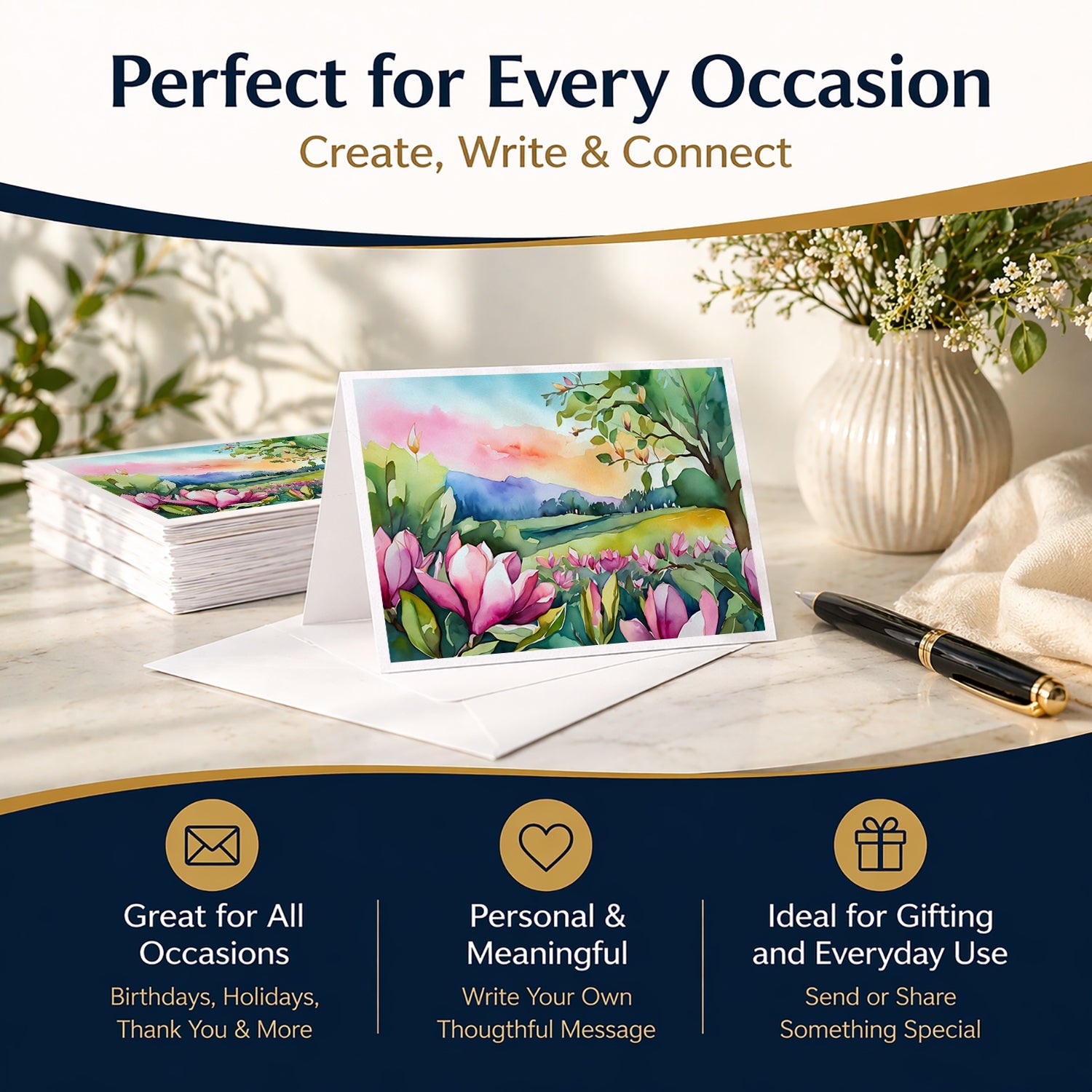 Louisiana Magnolias in Watercolor Greeting Cards Pack of 8 Blank Cards with Envelopes Whimsical A7 Size 5x7