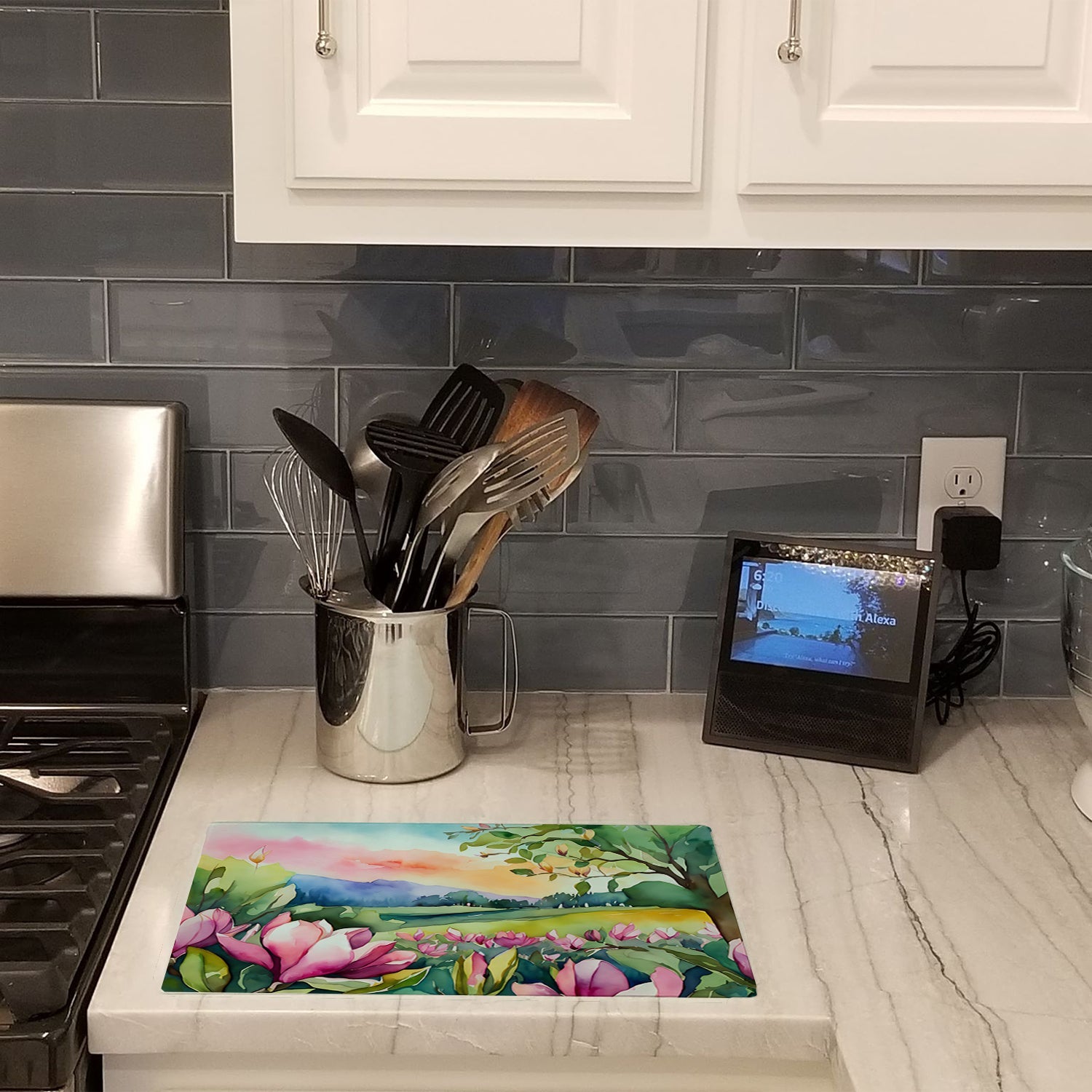 Louisiana Magnolias in Watercolor Cutting Board Tempered Glass Kitchen Cutting Surface, Heat Resistant Chopping, Non-Slip Feet, Food Prep & Serving