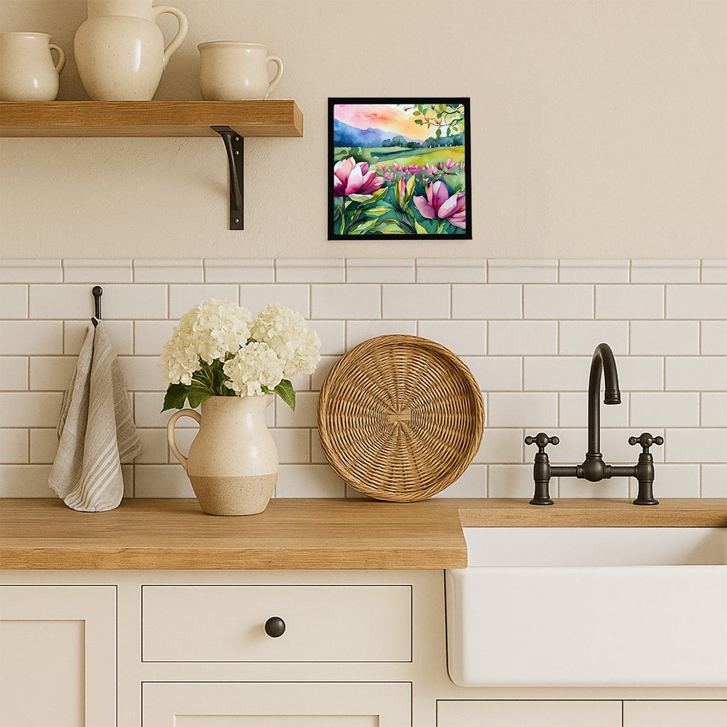 Louisiana Magnolias in Watercolor Framed Metal Print Bathroom, Kitchen, Office, Home Decor Wall Art Ready to Hang, Square, 8X8