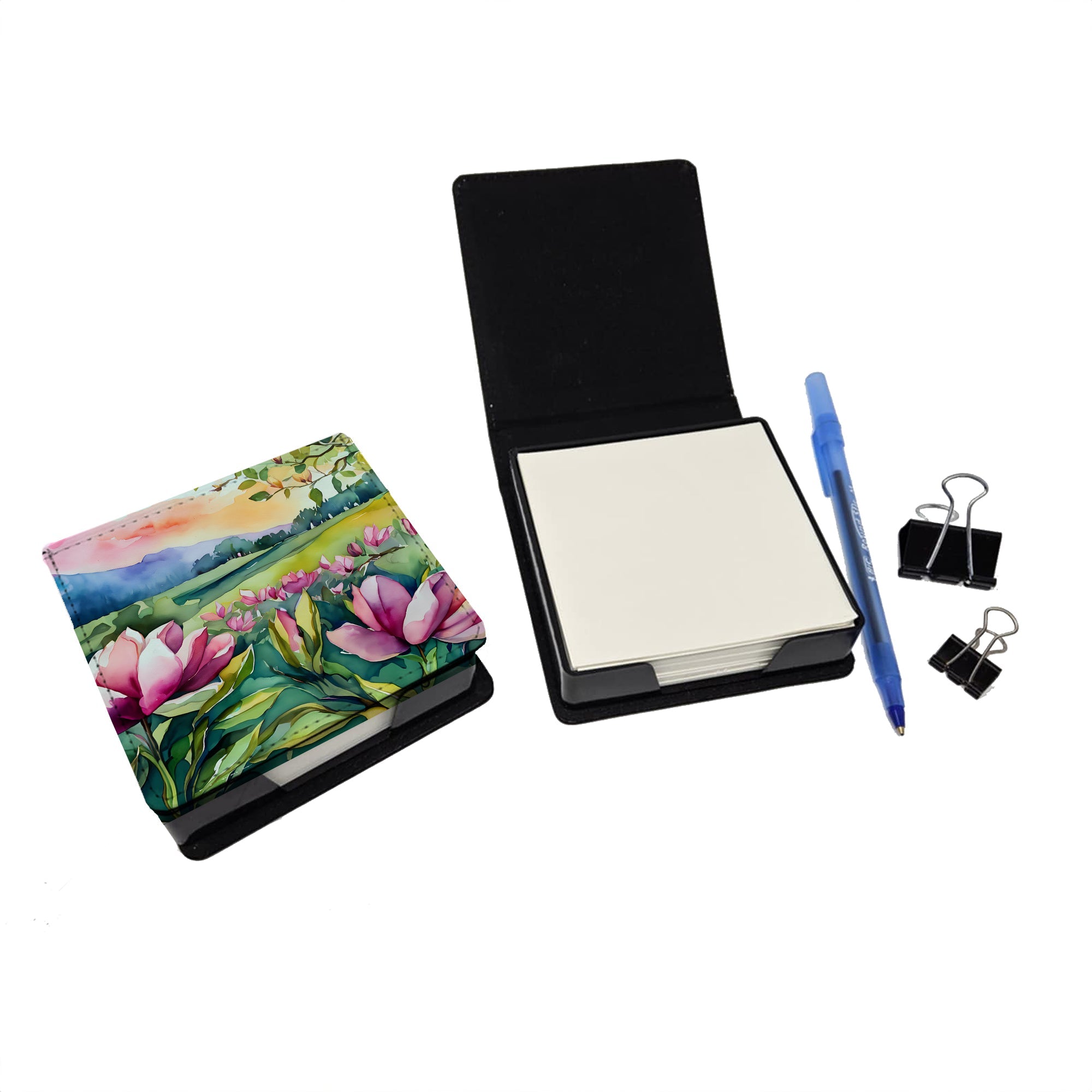 Louisiana Magnolias in Watercolor PU Leather Note Paper Holder with Artist-Designed Cover, Desk Accessory, Office Gift