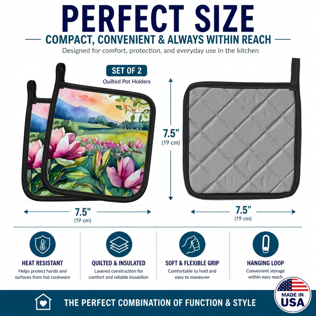 Louisiana Magnolias in Watercolor Pot Holder Set of 2 Heat Resistant Quilted Hot Pads 7.5 x 7.5 Inch, Insulated Kitchen Trivets for Cooking & Baking