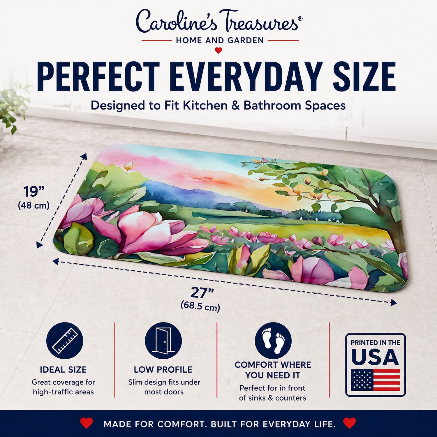 Louisiana Magnolias in Watercolor Memory Foam Kitchen Mat Machine Washable Anti-Fatigue Cushion Comfort Bath or Kitchen Rug