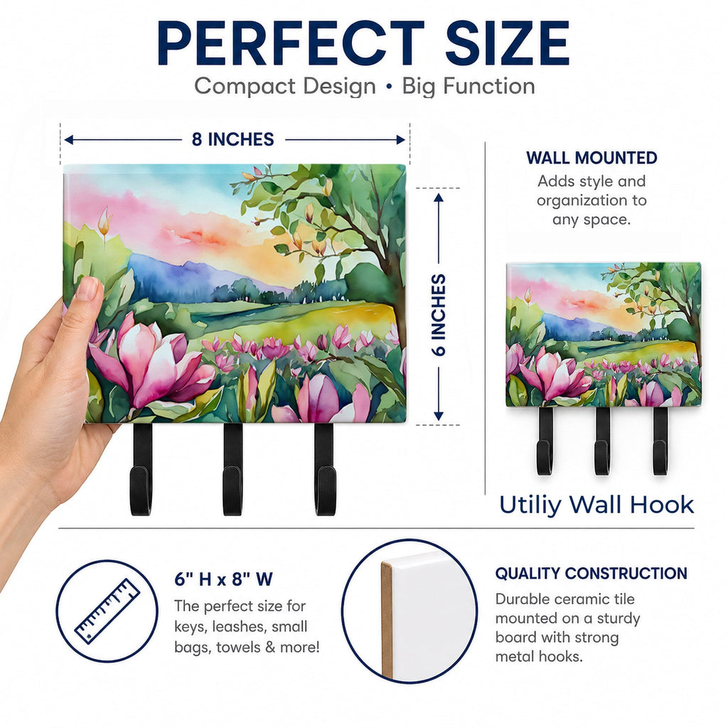 Louisiana Magnolias in Watercolor Leash or Key Holder Wall Hooks, Coat Rack Wall Mount, for Hanging Keys, Towels, Aprons, Leashes