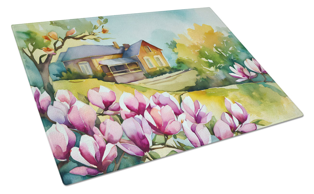 Louisiana Magnolias in Watercolor Cutting Board Tempered Glass Kitchen Cutting Surface, Heat Resistant Chopping, Non-Slip Feet, Food Prep & Serving