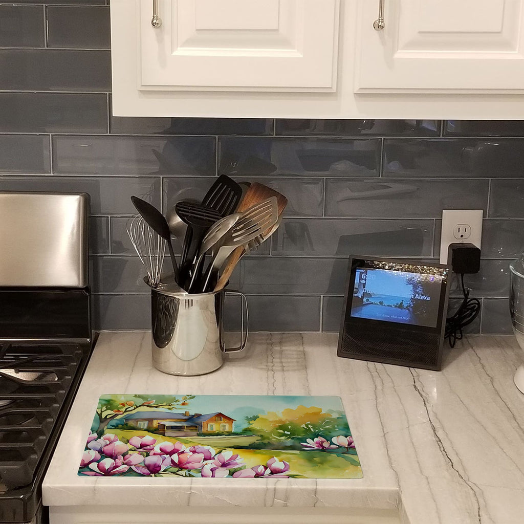 Louisiana Magnolias in Watercolor Cutting Board Tempered Glass Kitchen Cutting Surface, Heat Resistant Chopping, Non-Slip Feet, Food Prep & Serving