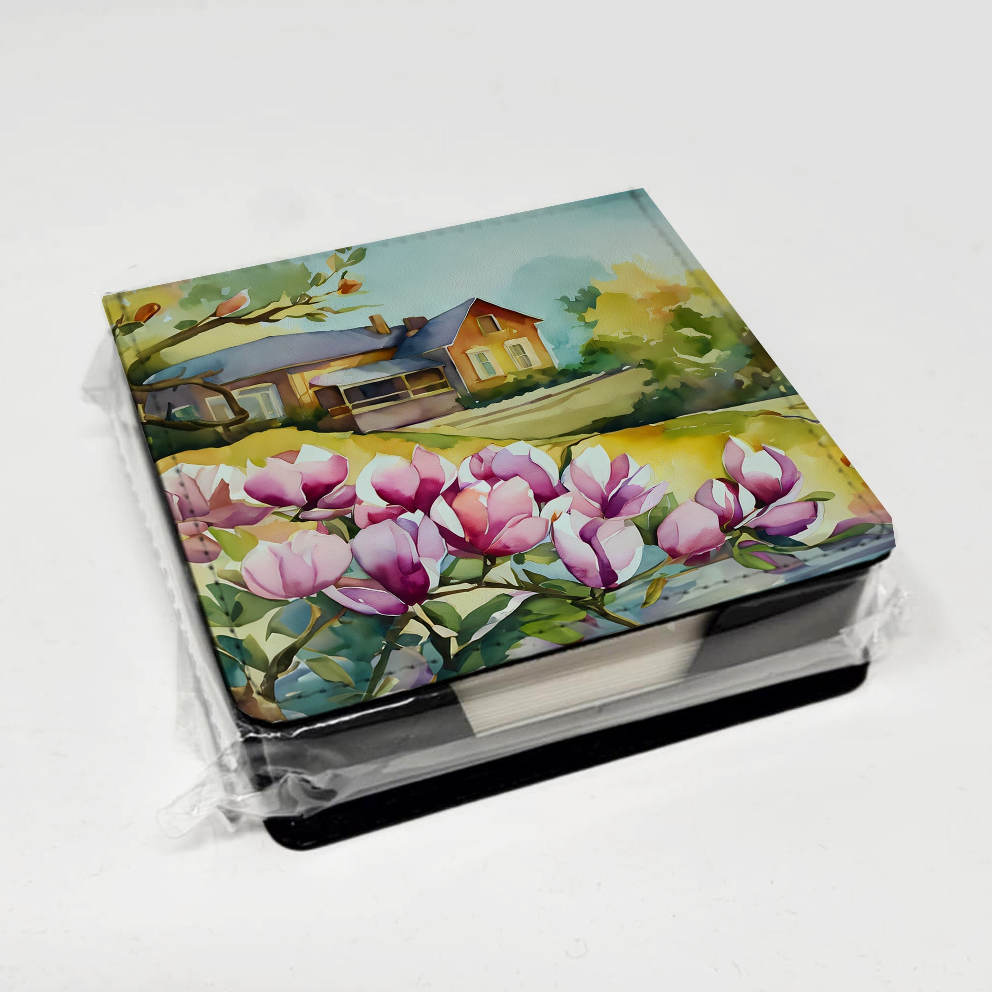 Louisiana Magnolias in Watercolor PU Leather Note Paper Holder with Artist-Designed Cover, Desk Accessory, Office Gift