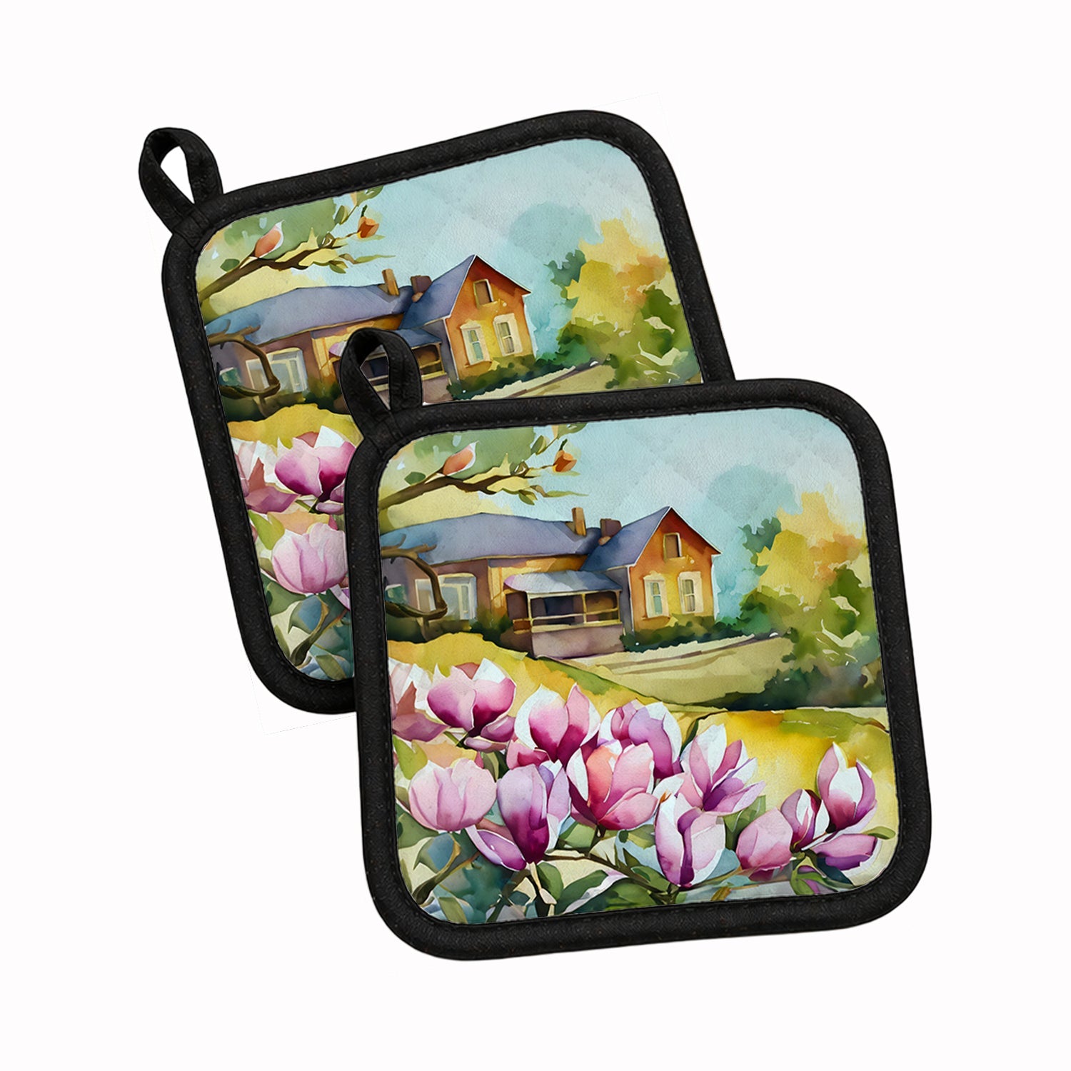 Louisiana Magnolias in Watercolor Pot Holder Set of 2 Heat Resistant Quilted Hot Pads 7.5 x 7.5 Inch, Insulated Kitchen Trivets for Cooking & Baking
