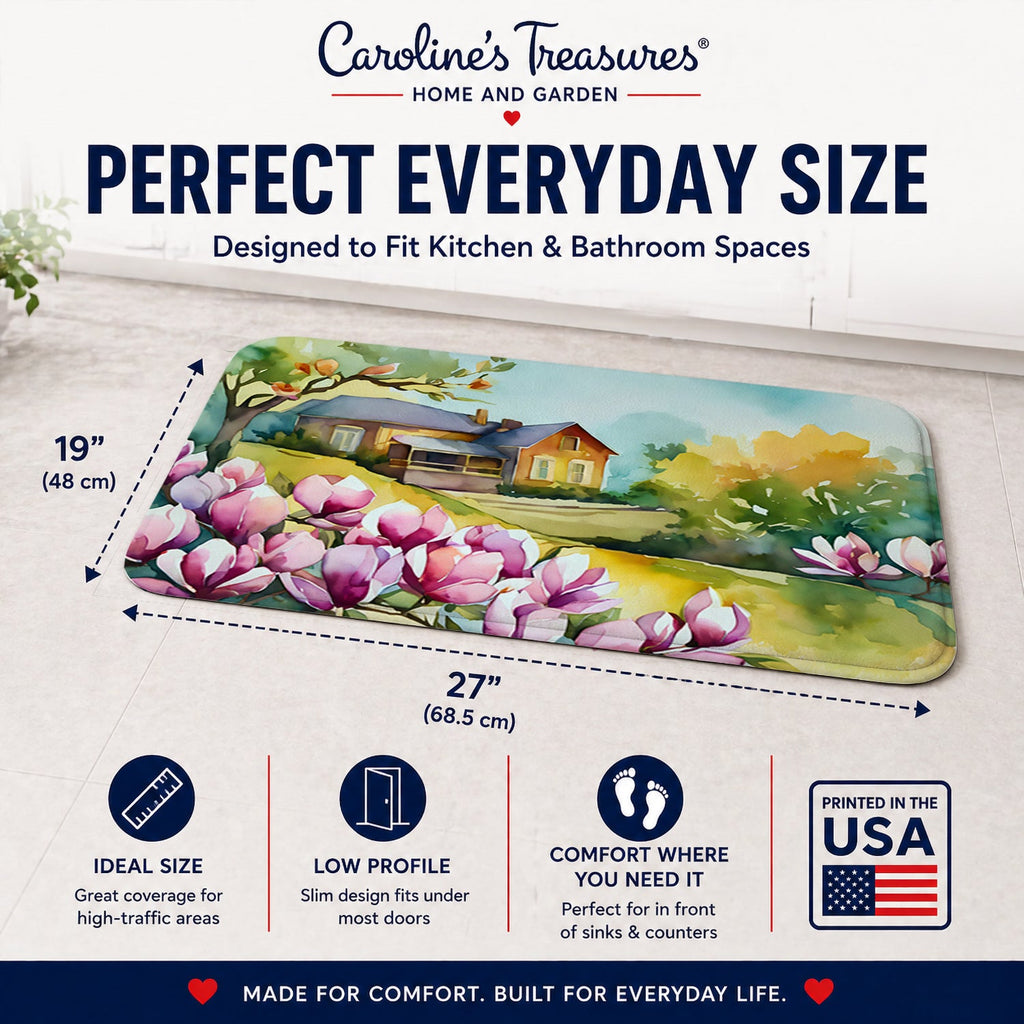 Louisiana Magnolias in Watercolor Memory Foam Kitchen Mat Machine Washable Anti-Fatigue Cushion Comfort Bath or Kitchen Rug