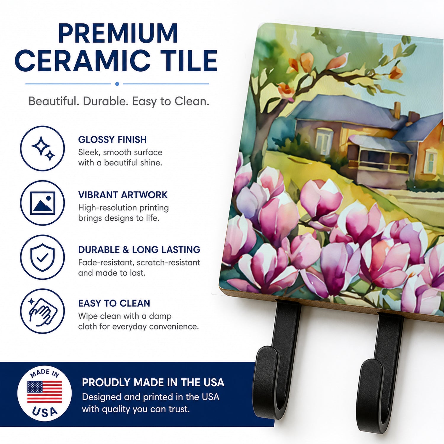 Louisiana Magnolias in Watercolor Leash or Key Holder Wall Hooks, Coat Rack Wall Mount, for Hanging Keys, Towels, Aprons, Leashes