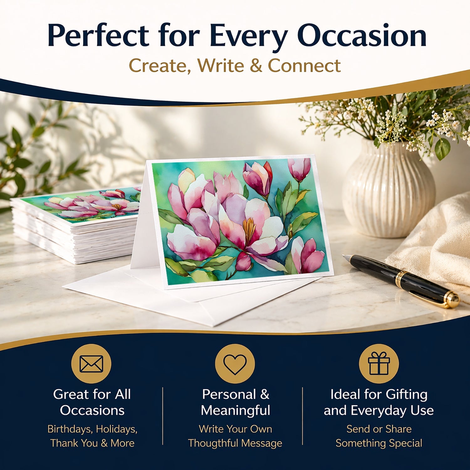 Louisiana Magnolias in Watercolor Greeting Cards Pack of 8 Blank Cards with Envelopes Whimsical A7 Size 5x7