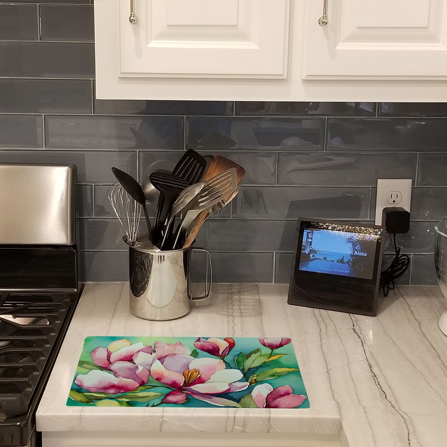 Louisiana Magnolias in Watercolor Cutting Board Tempered Glass Kitchen Cutting Surface, Heat Resistant Chopping, Non-Slip Feet, Food Prep & Serving