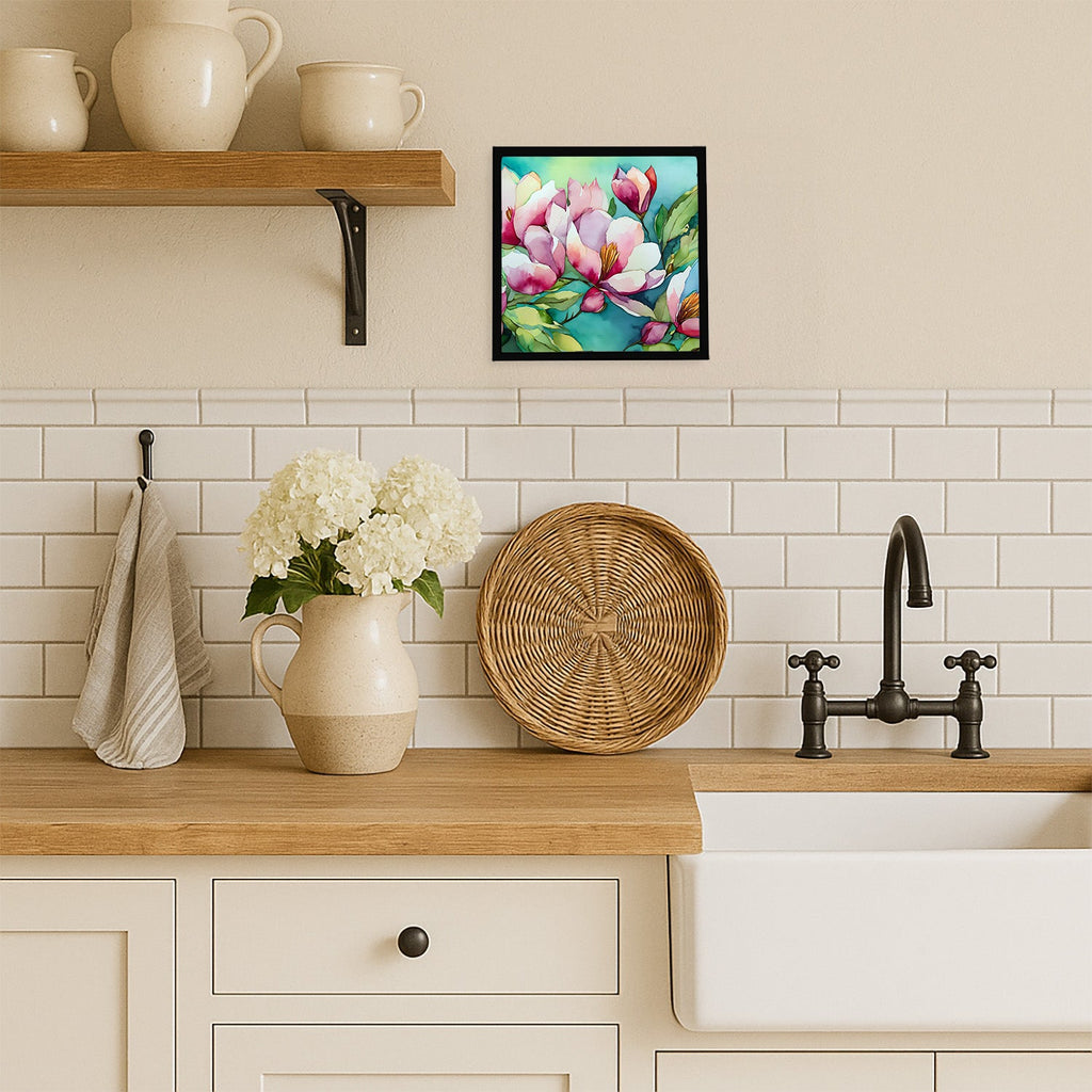 Louisiana Magnolias in Watercolor Framed Metal Print Bathroom, Kitchen, Office, Home Decor Wall Art Ready to Hang, Square, 8X8